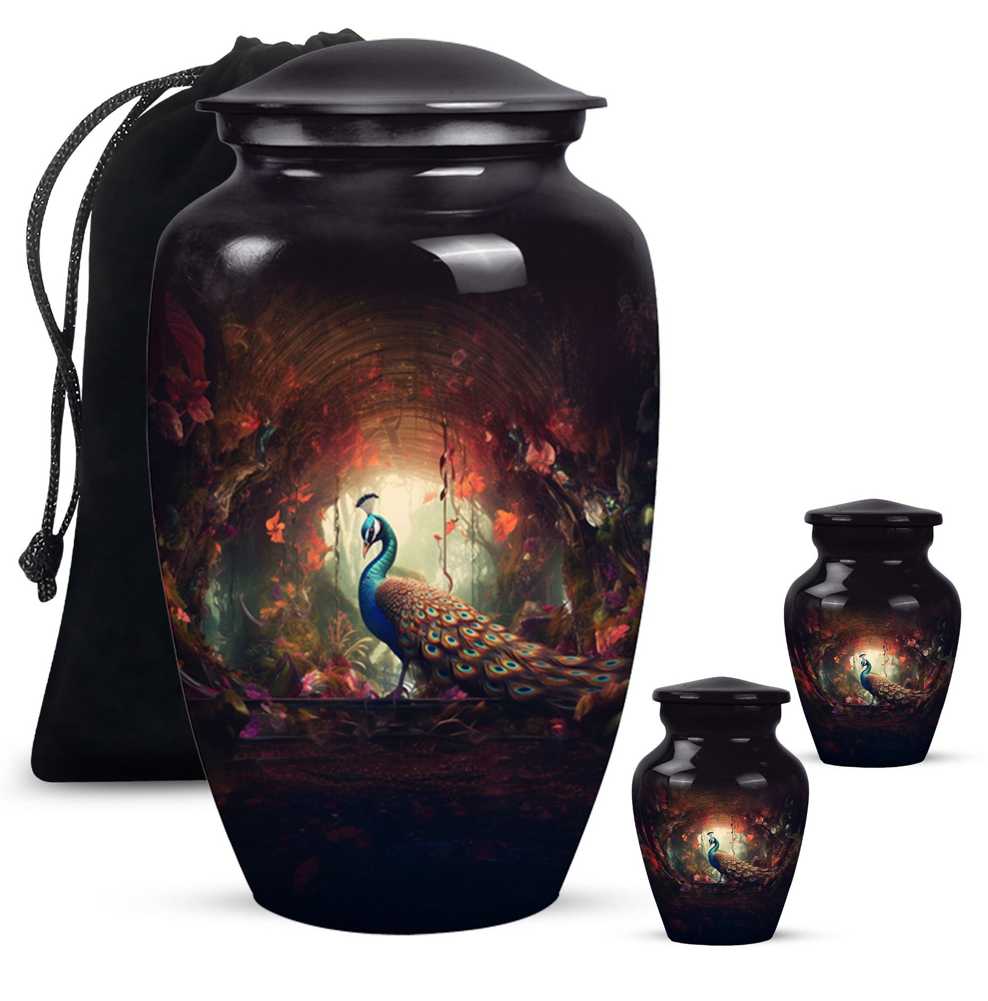 Peacock In A Red Forest - Peacock Urn Teardrop Cremation Urn