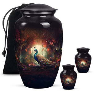 Peacock In A Red Forest - Peacock Urn Teardrop Cremation Urn
