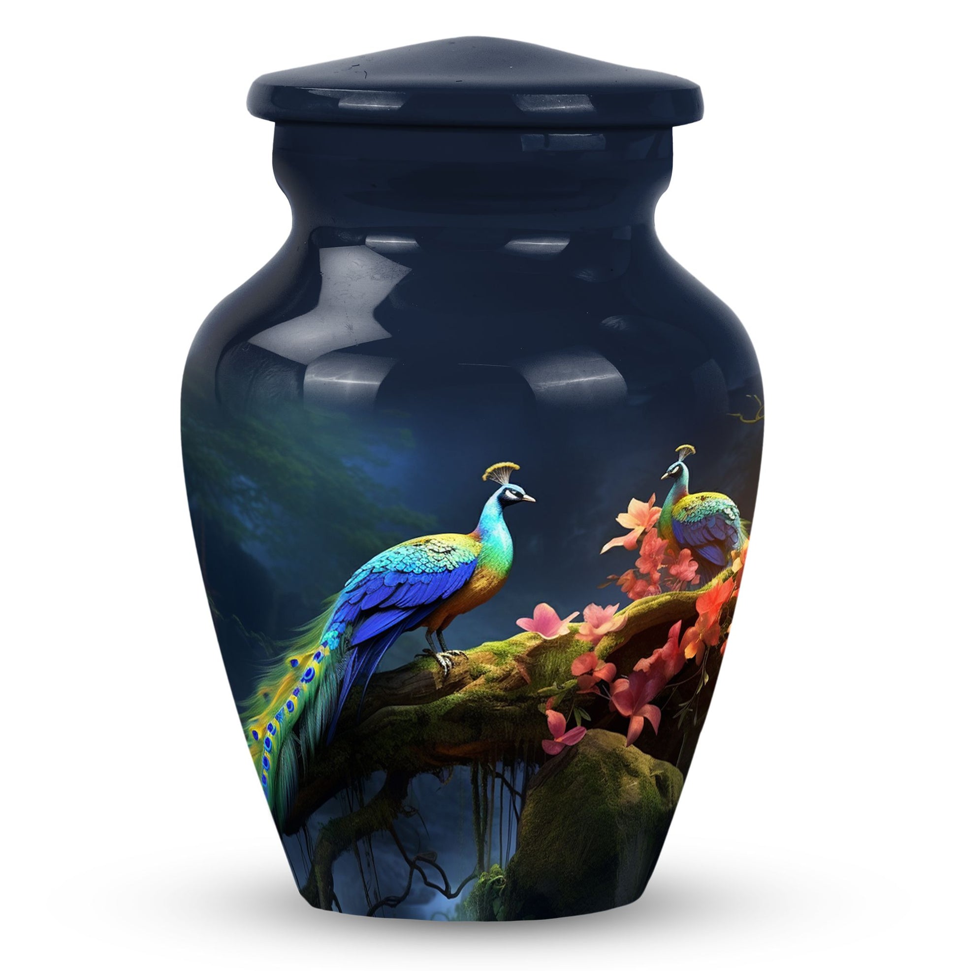 Peacock Due Face Off In Forest - Peacock Urn Teardrop Cremation Urn