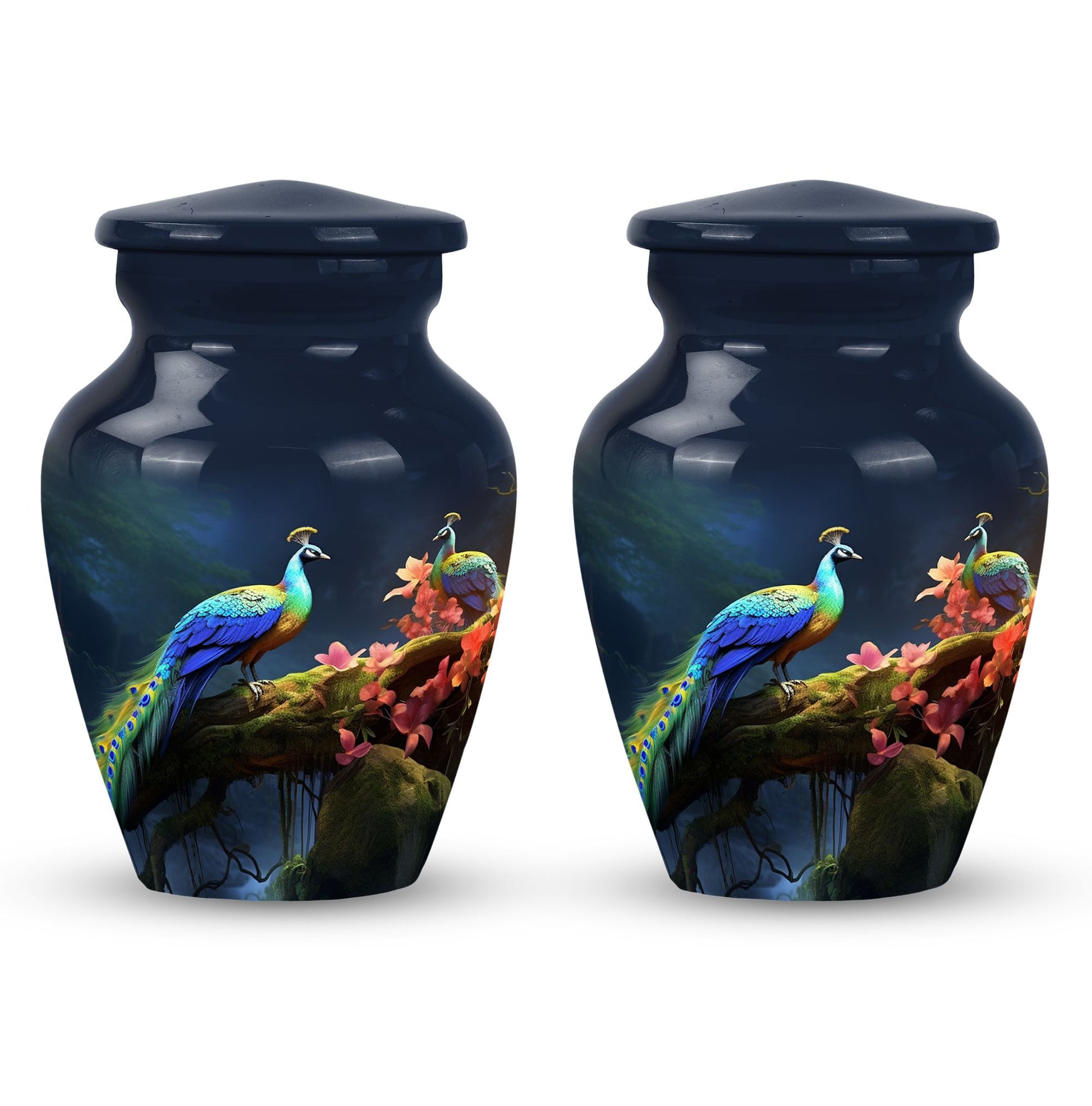 Peacock Due Face Off In Forest - Peacock Urn Teardrop Cremation Urn
