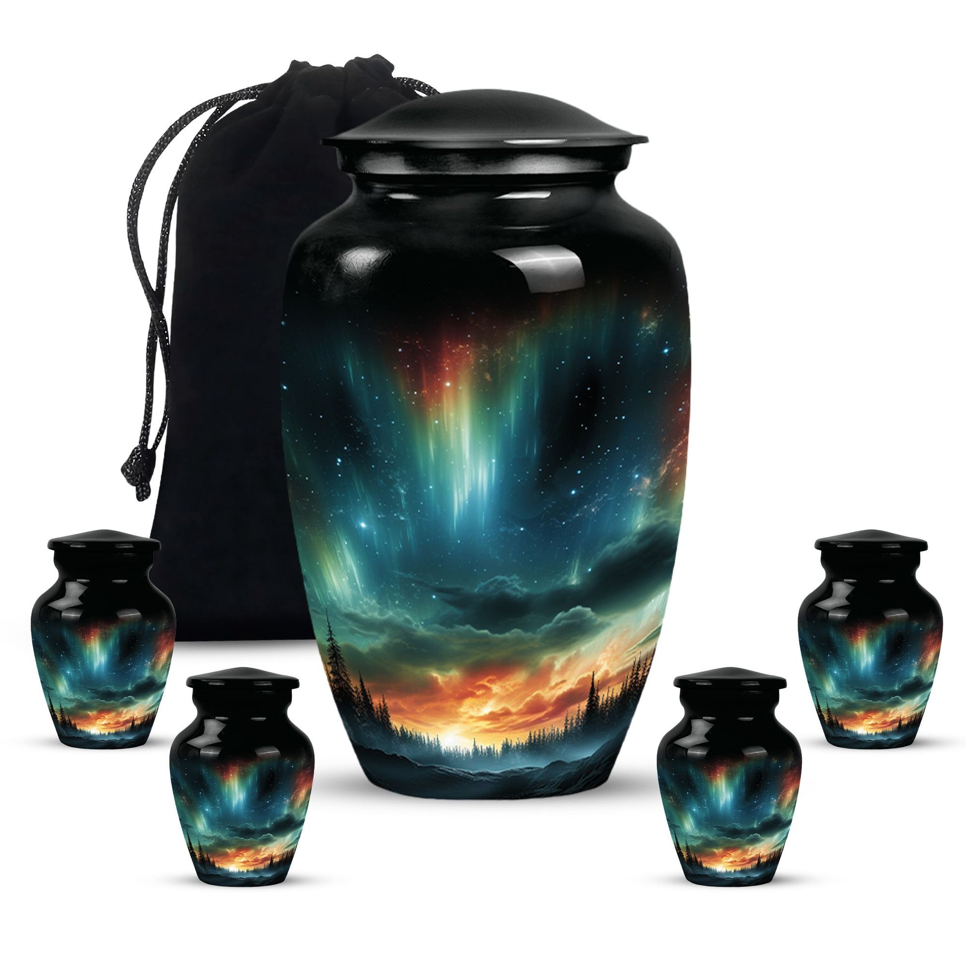 The Forest's Luminous Veil - Northern Lights Teardrop, Heart Shape Urn