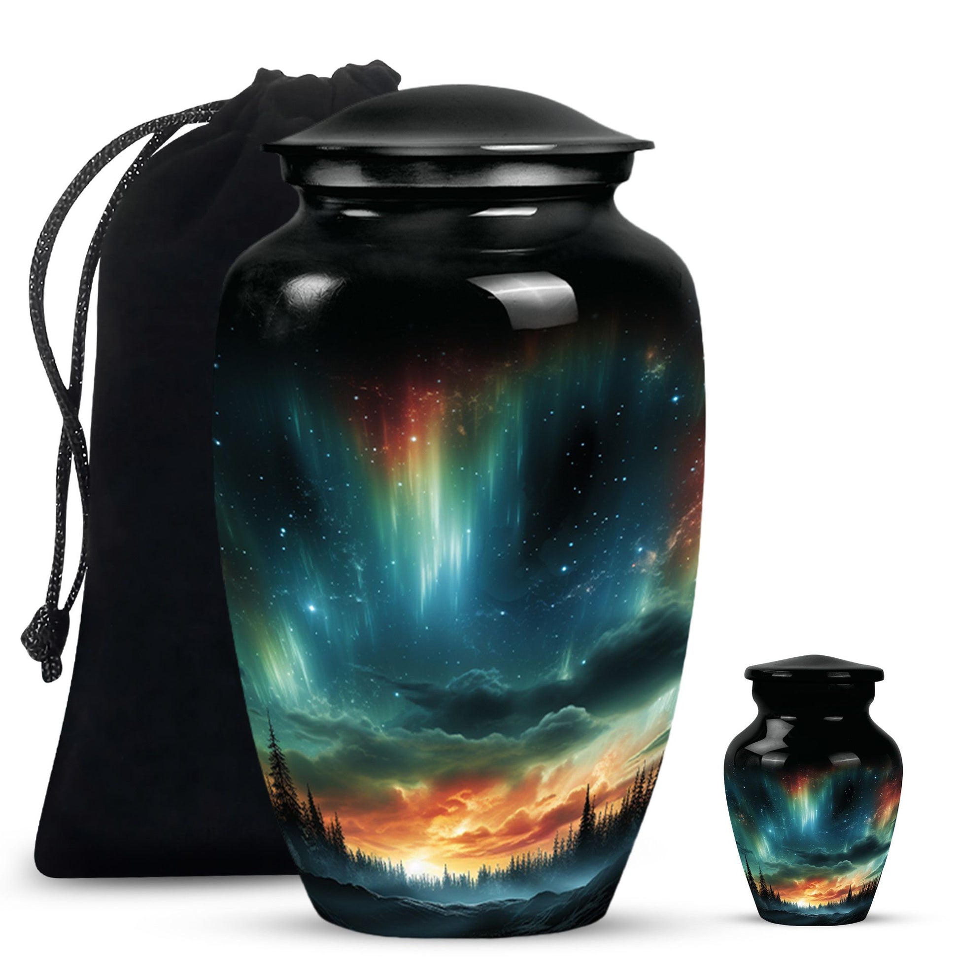 The Forest's Luminous Veil - Northern Lights Teardrop, Heart Shape Urn