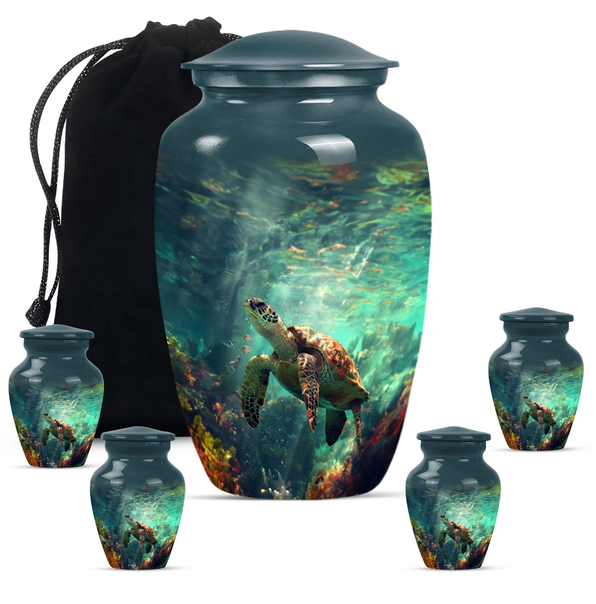 Tortoise Theme Large Urn With 4 Keepsake Urn