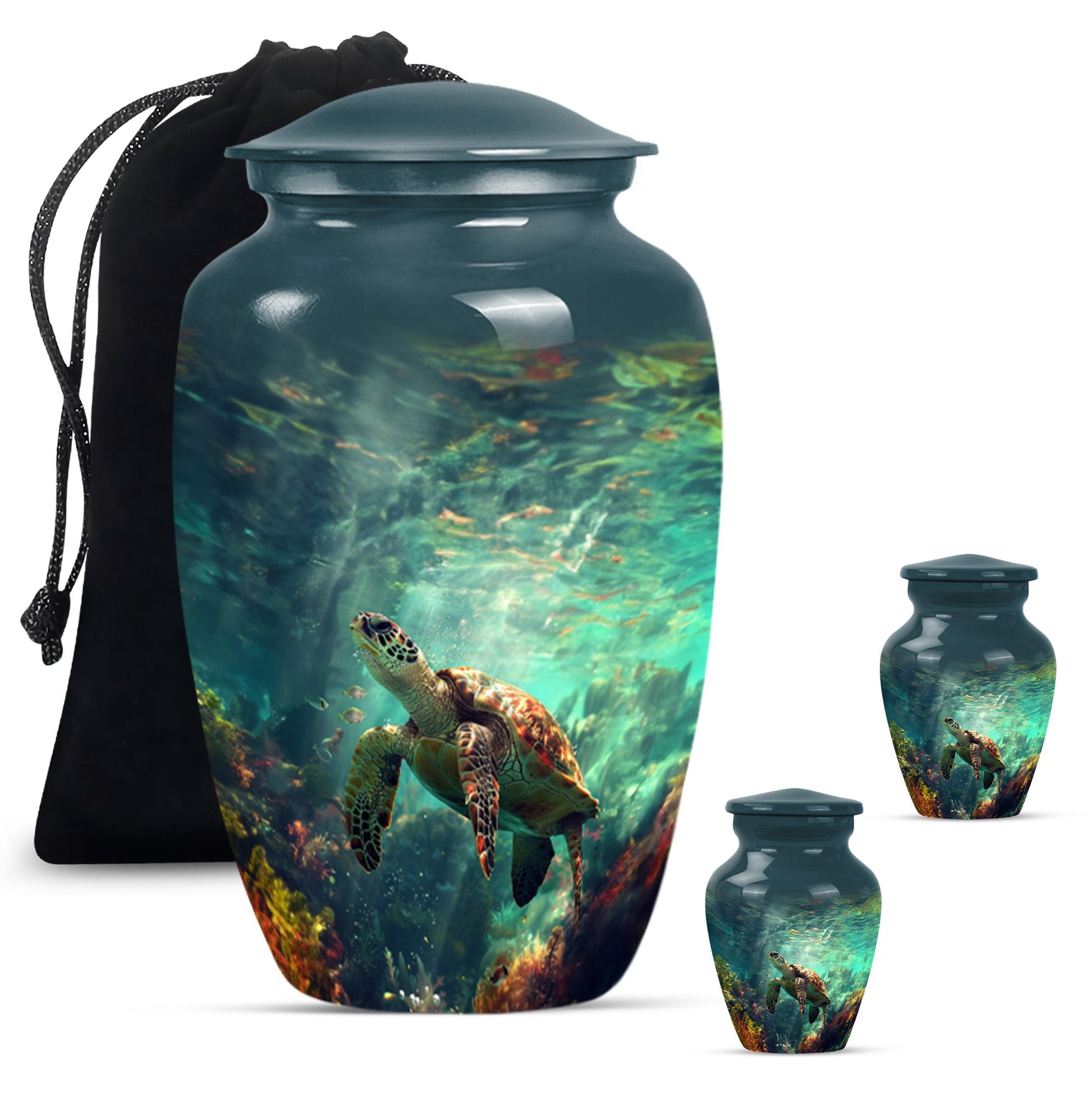 Tortoise Theme Large Urn With 2 Keepsake Urn