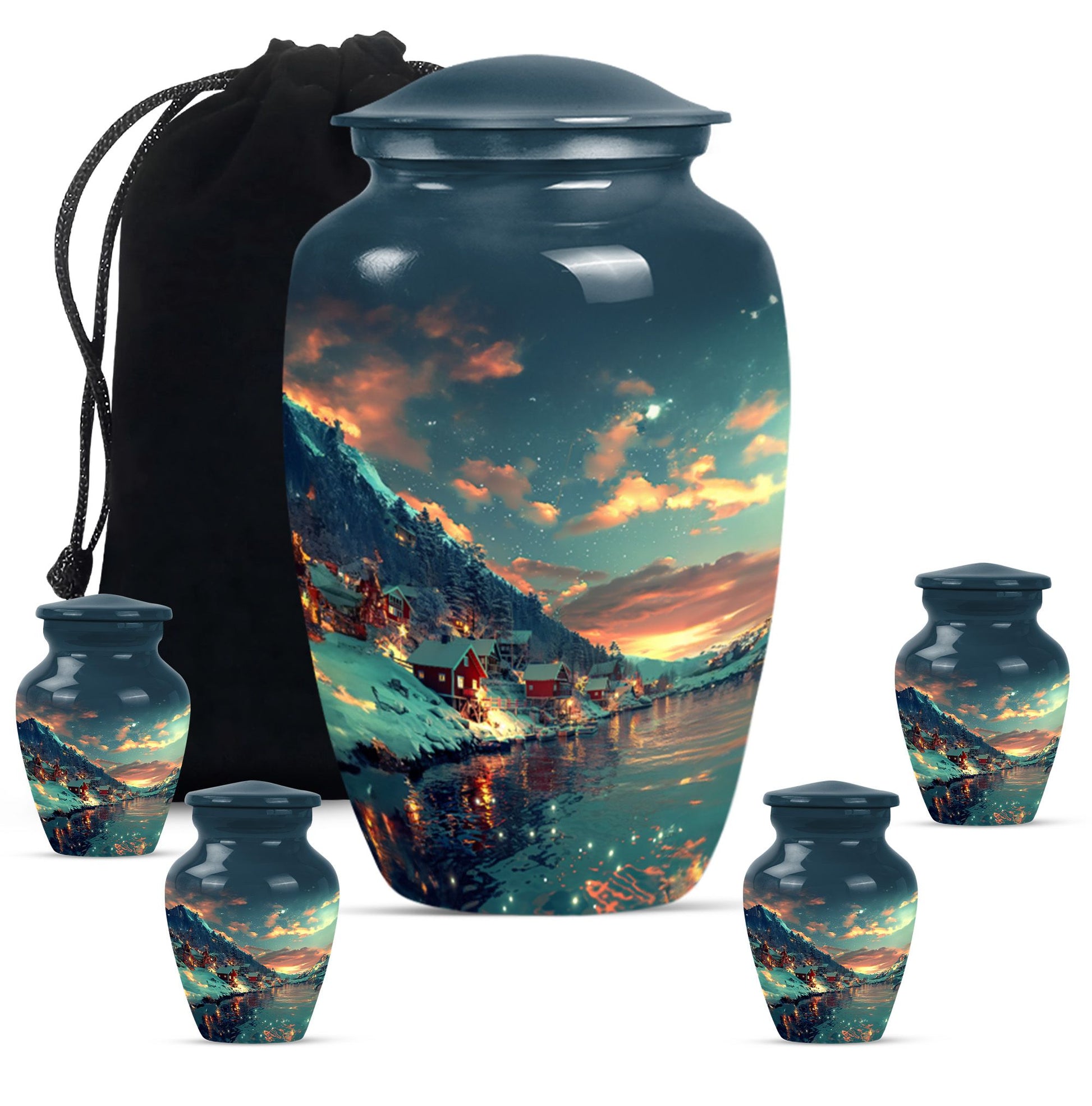 Majestic Sky Theme Large Urn With 4 Keepsake Urn
