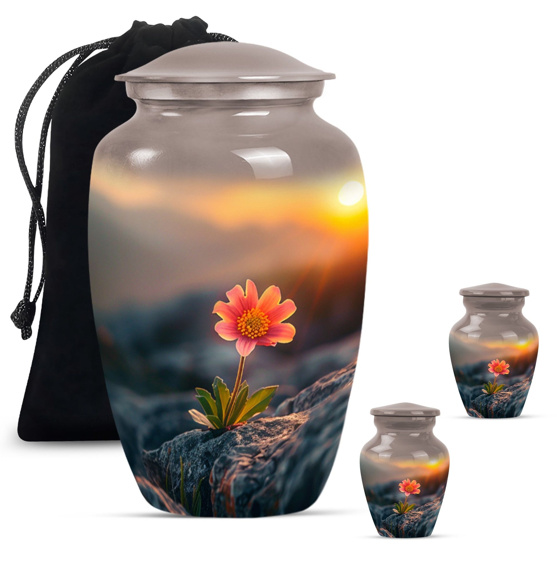 Flower Theme Large Urn With 2 Keepsake Urn