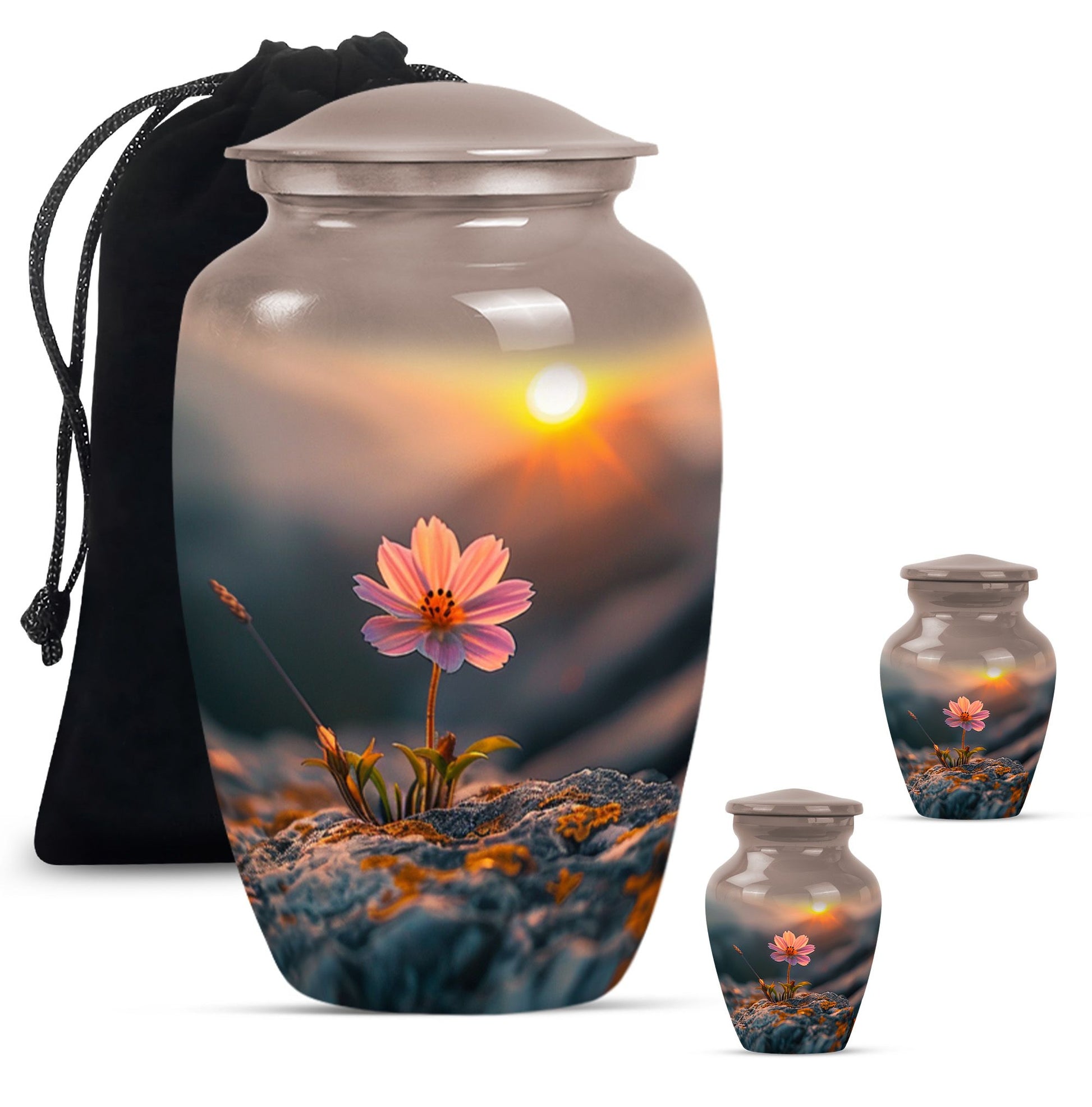 Flower Theme Large Urn With 2 Keepsake Urn