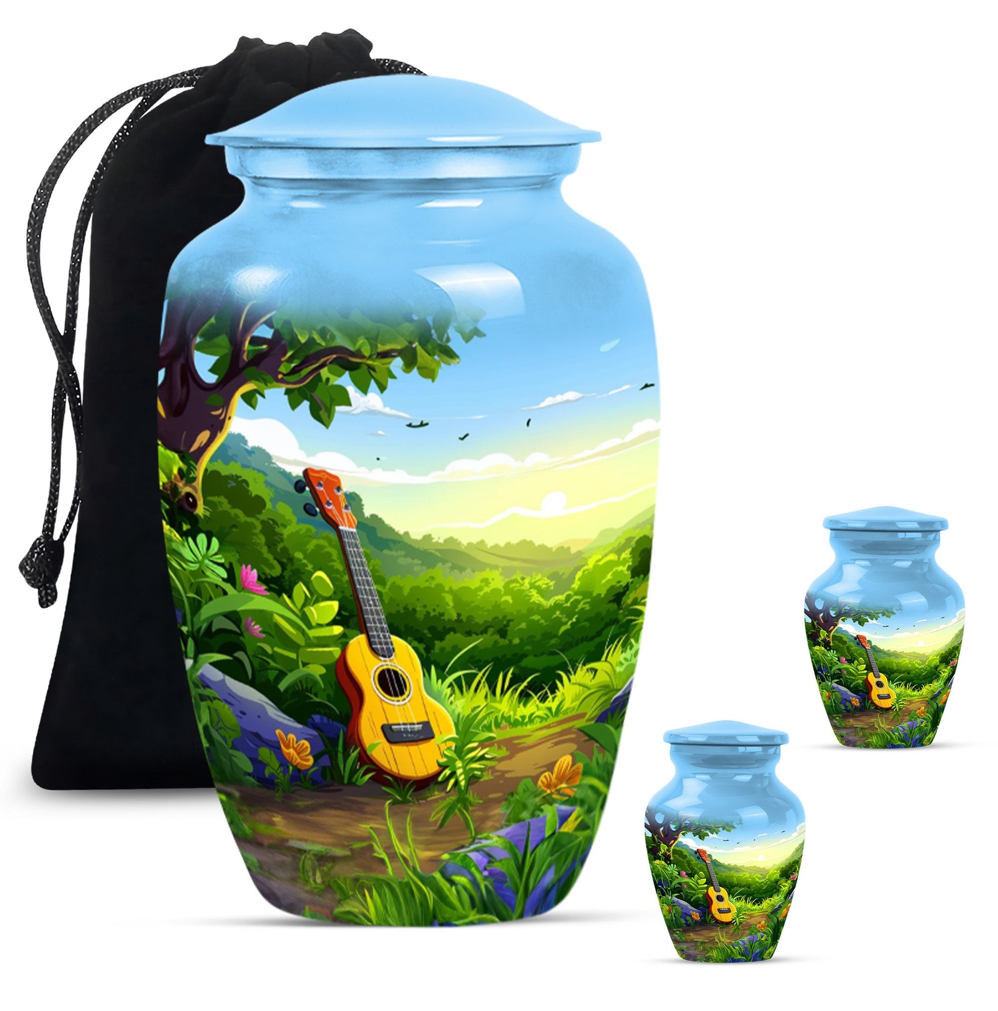 Guitar Theme Large Urn With 2 Keepsake Urn