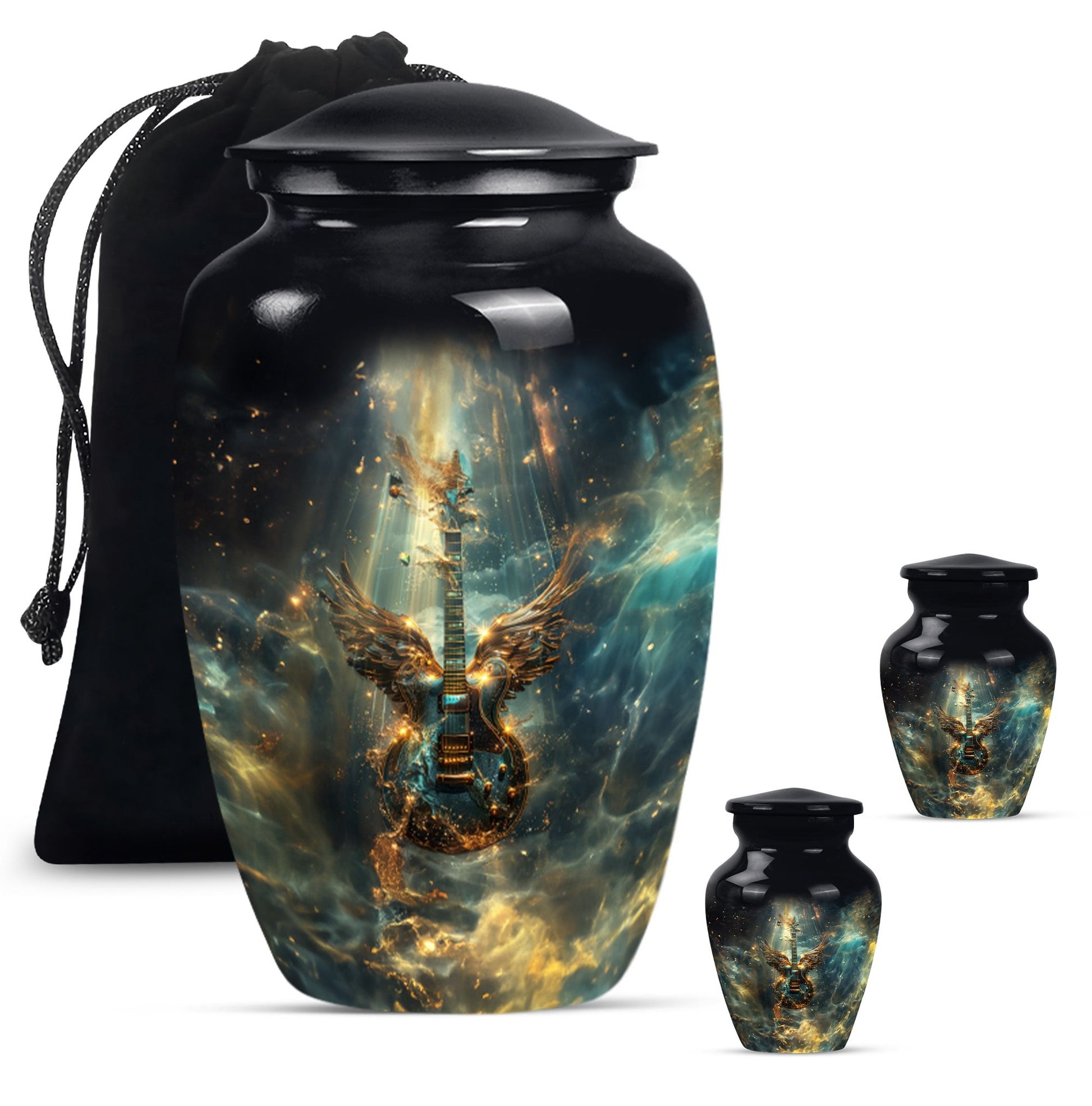 Guitar Theme Large Urn With 2 Keepsake Urn