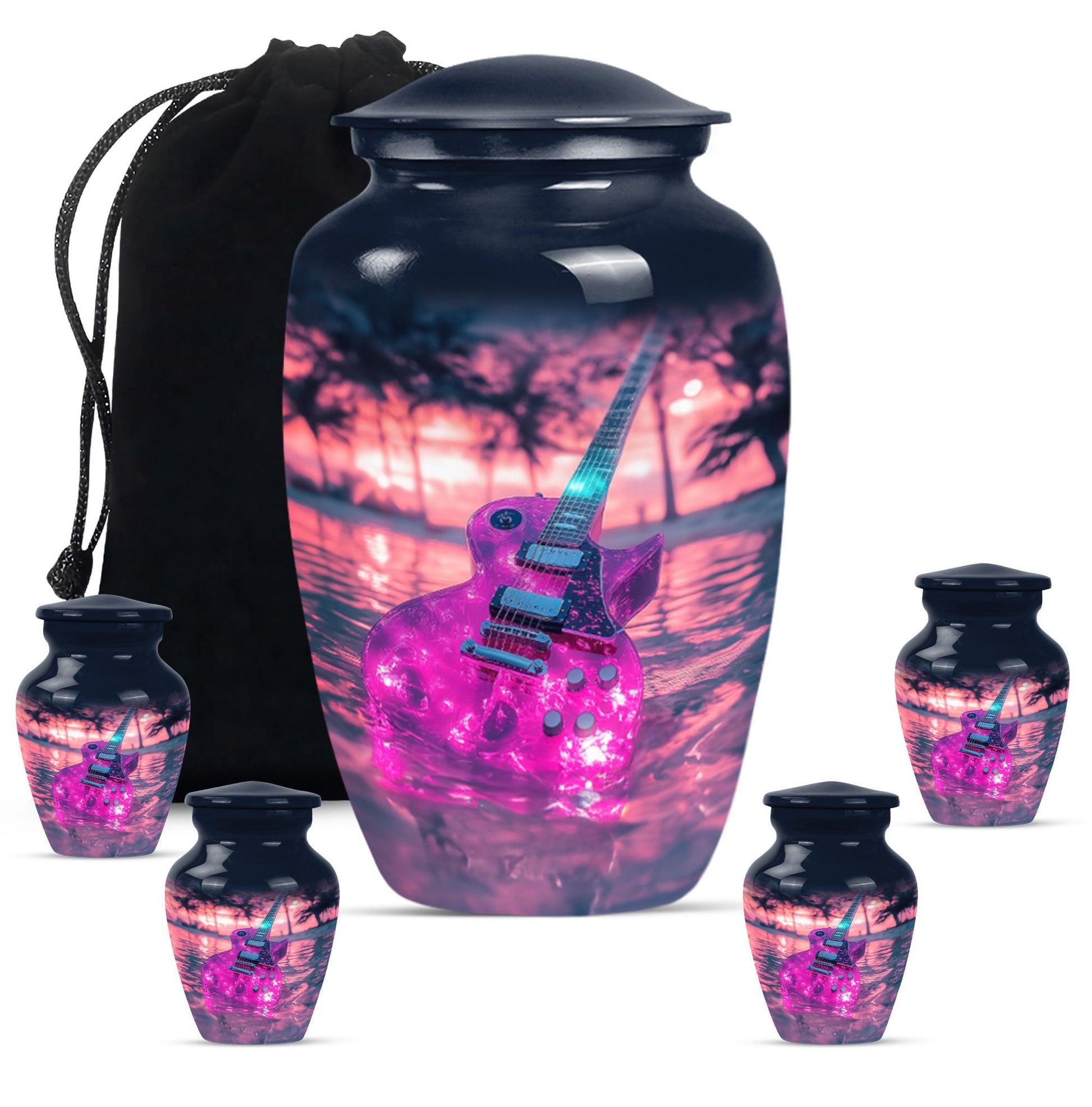 Guitar Theme Large Urn With 4 Keepsake Urn