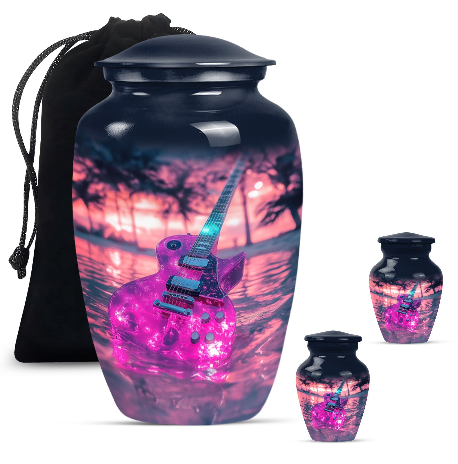 Guitar Theme Large Urn With 2 Keepsake Urn
