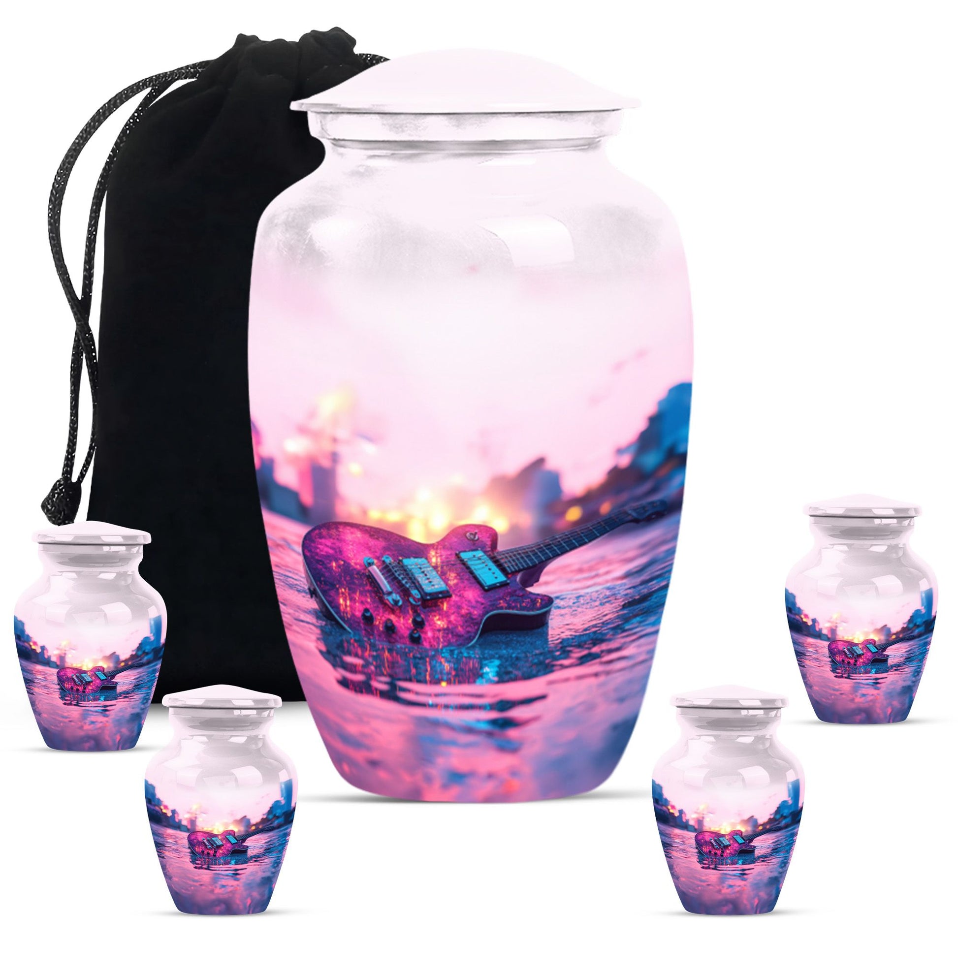 Guitar Theme Large Urn With 4 Keepsake Urn