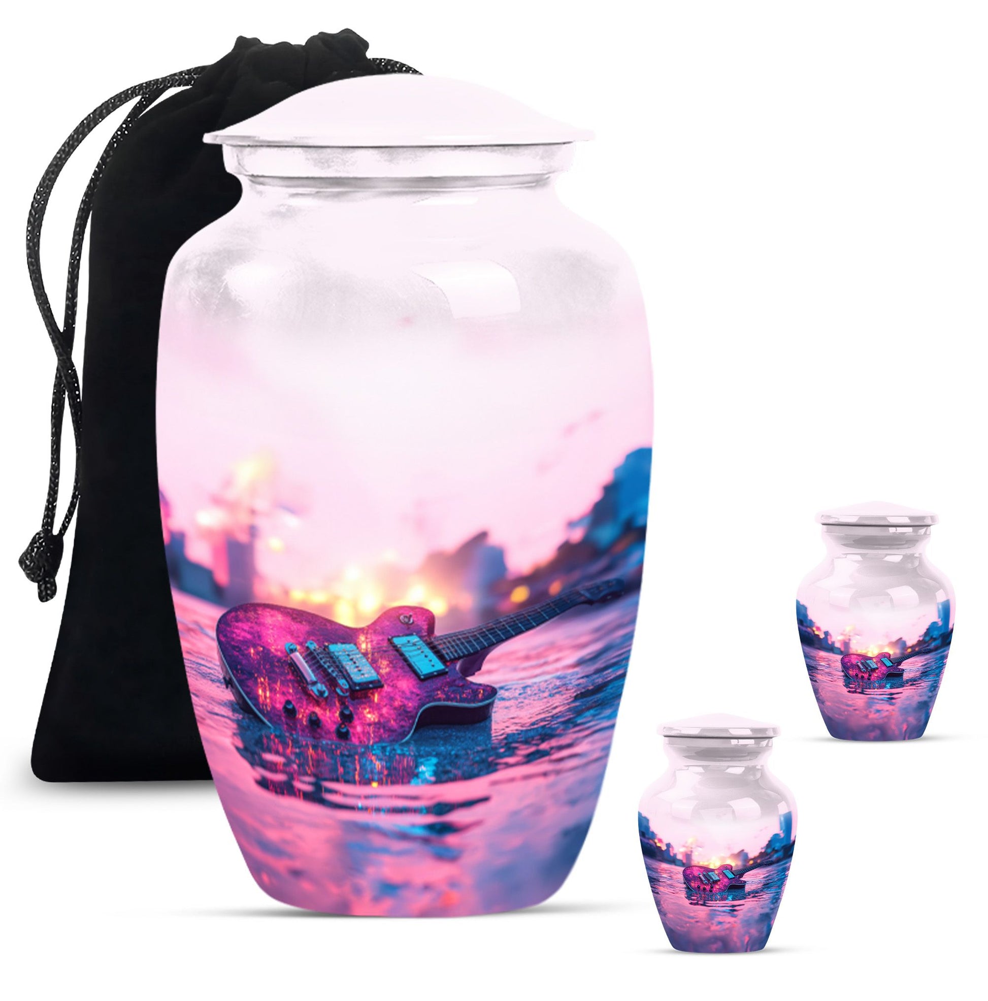 Guitar Theme Large Urn With 2 Keepsake Urn