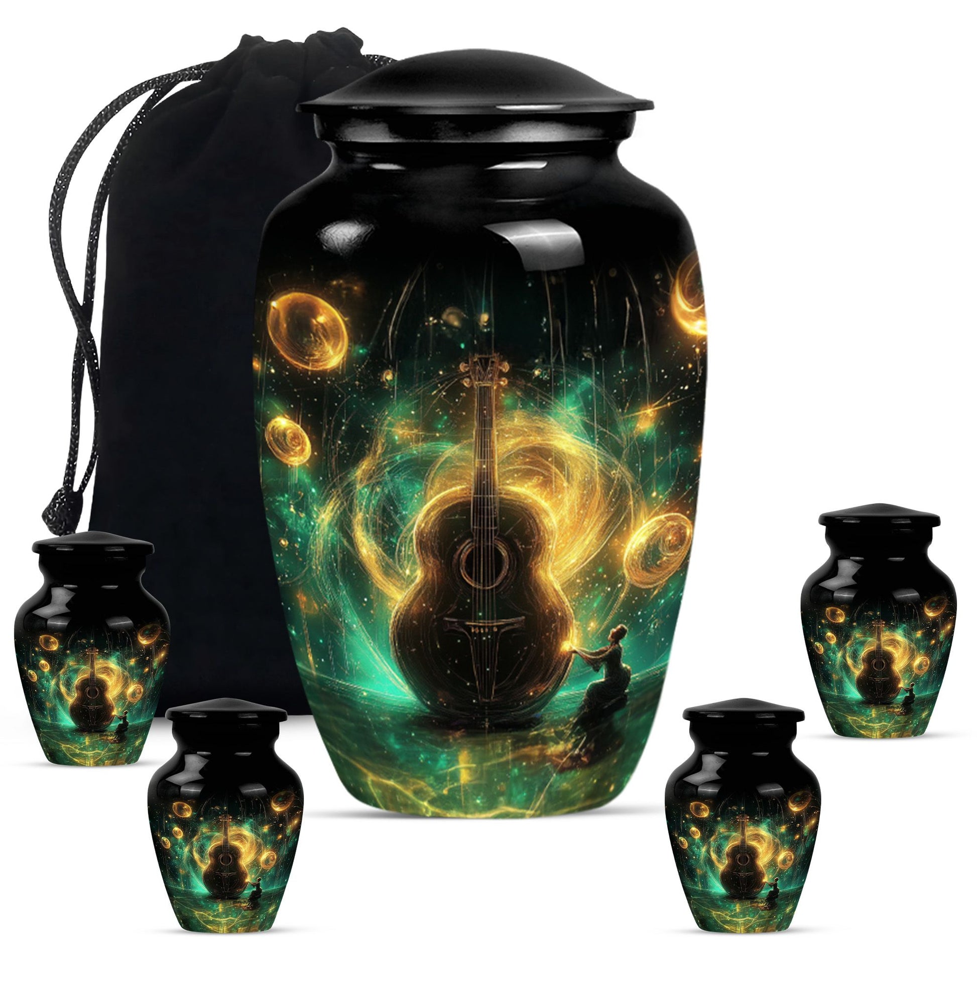 Guitar Theme Large Urn With 4 Keepsake Urn