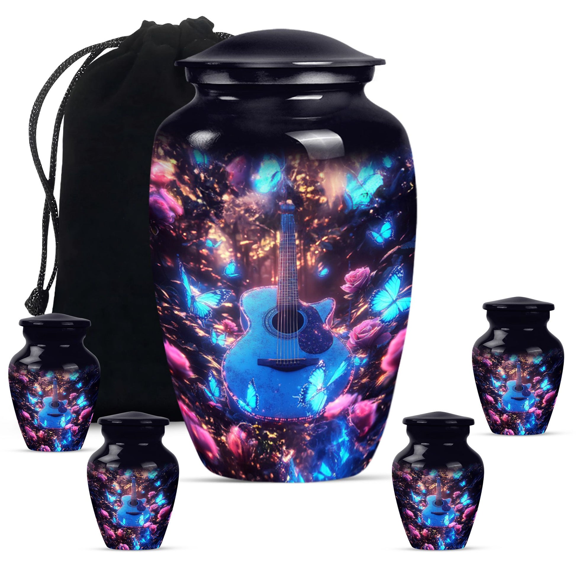 Guitar Theme Large Urn With 4 Keepsake Urn