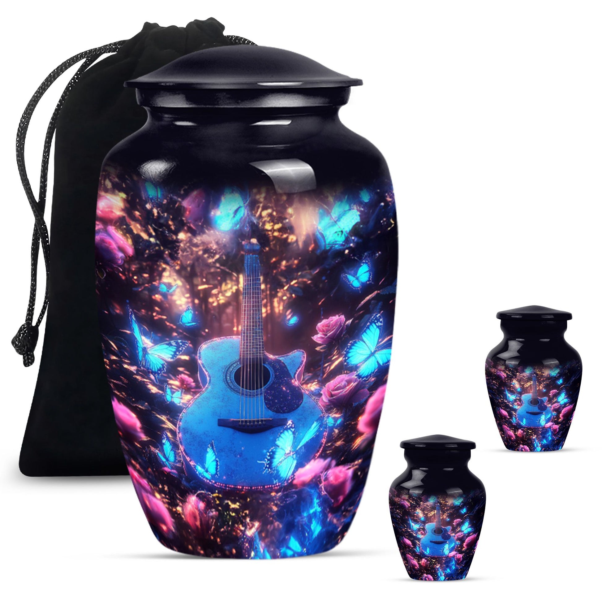 Guitar Theme Large Urn With 2 Keepsake Urn