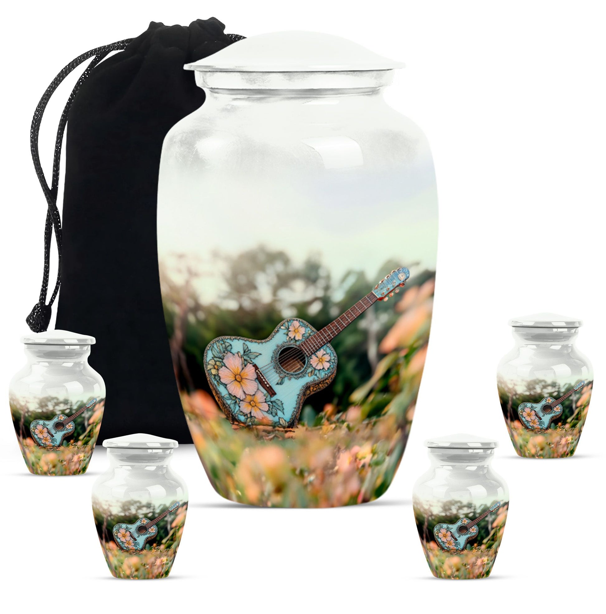 Guitar Theme Large Urn With 4 Keepsake Urn