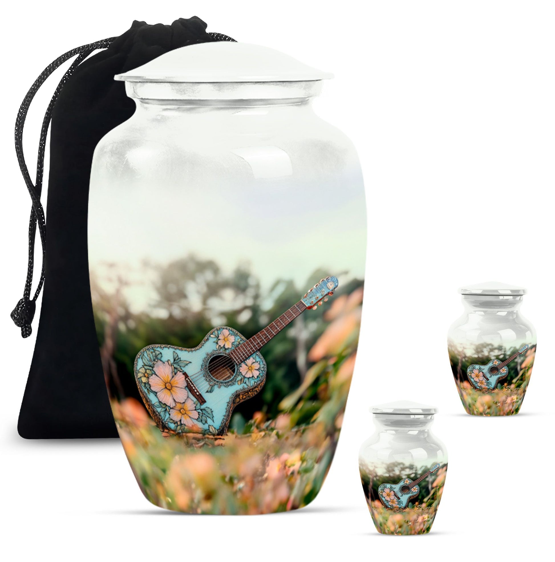Guitar Theme Large Urn With 2 Keepsake Urn