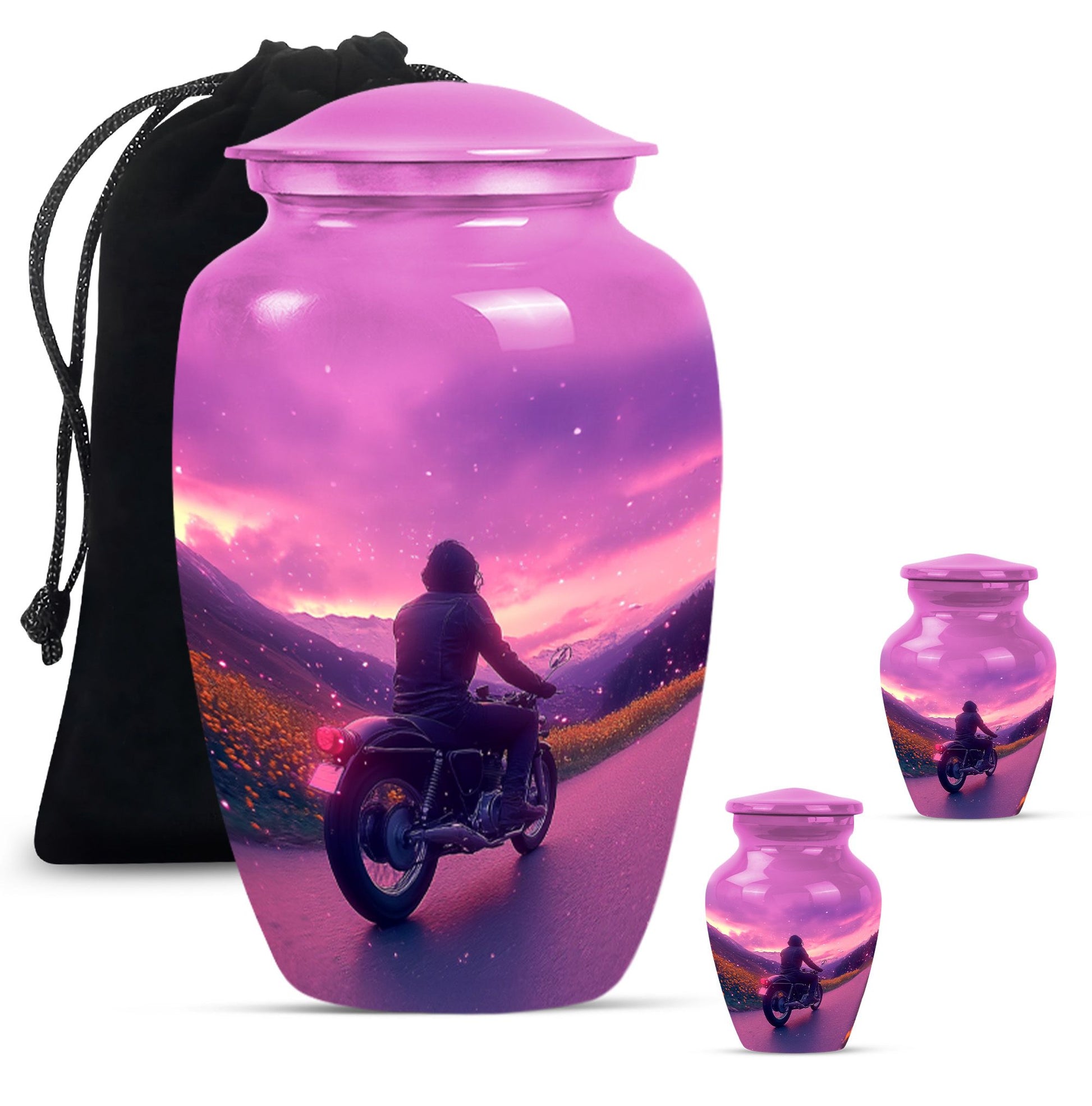 Motorbike Riders Theme Large Urn With 2 Keepsake Urn