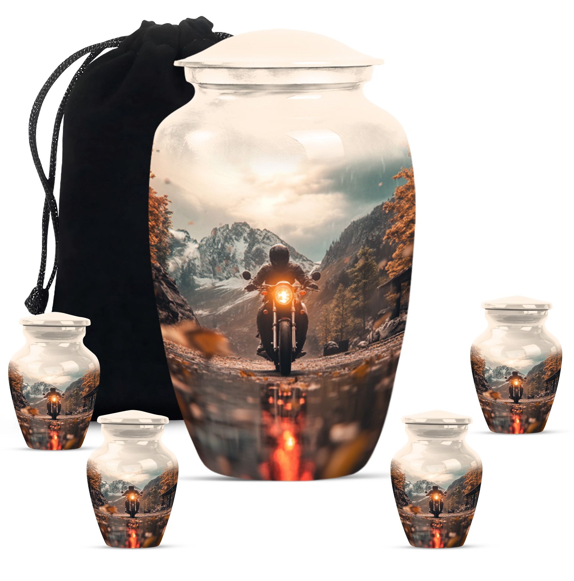 Motorbike Riders Theme Large Urn With 4 Keepsake Urn