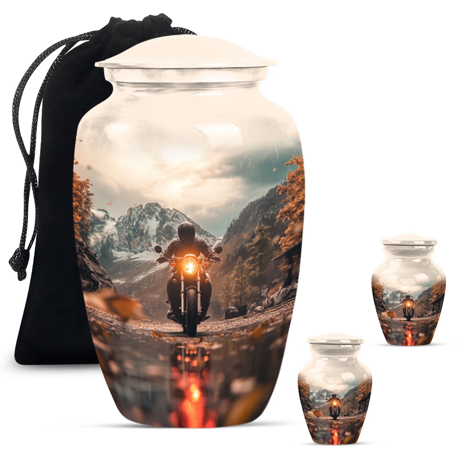 Motorbike Riders Theme Large Urn With 2 Keepsake Urn