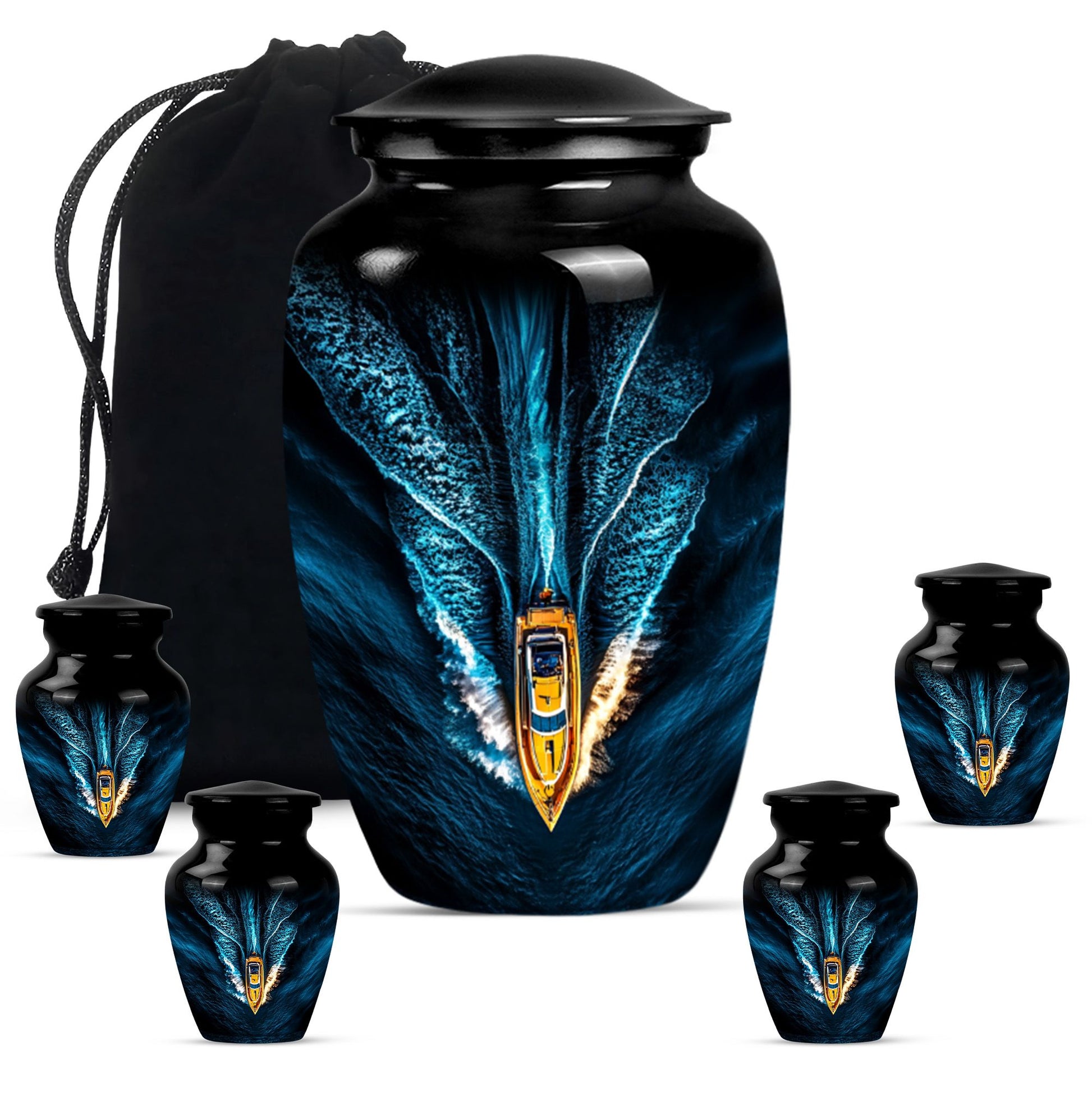 Speed Boat Theme Large Urn With 4 Keepsake Urn