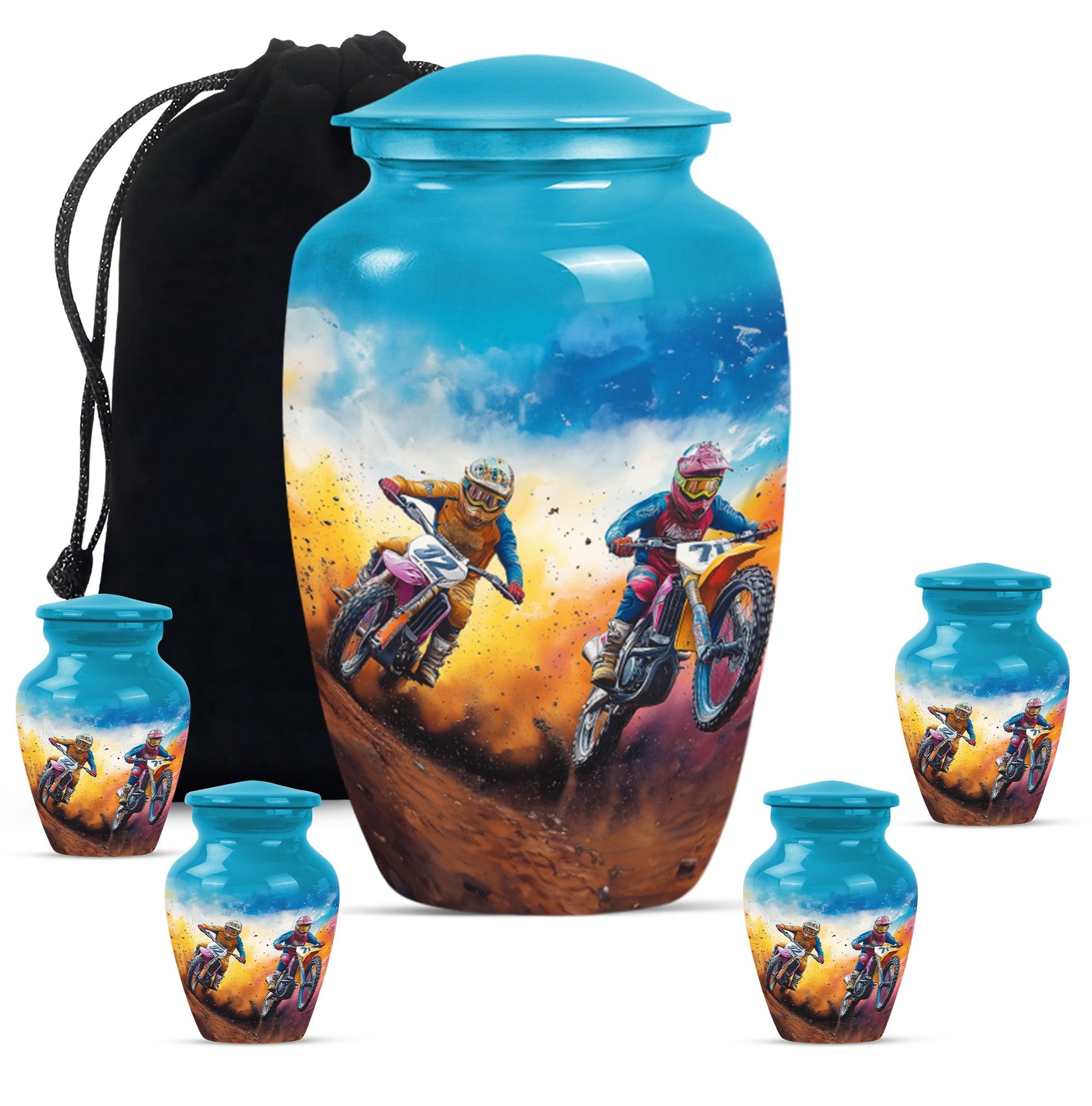 Motorbike Race Theme Large Urn With 4 Keepsake Urn