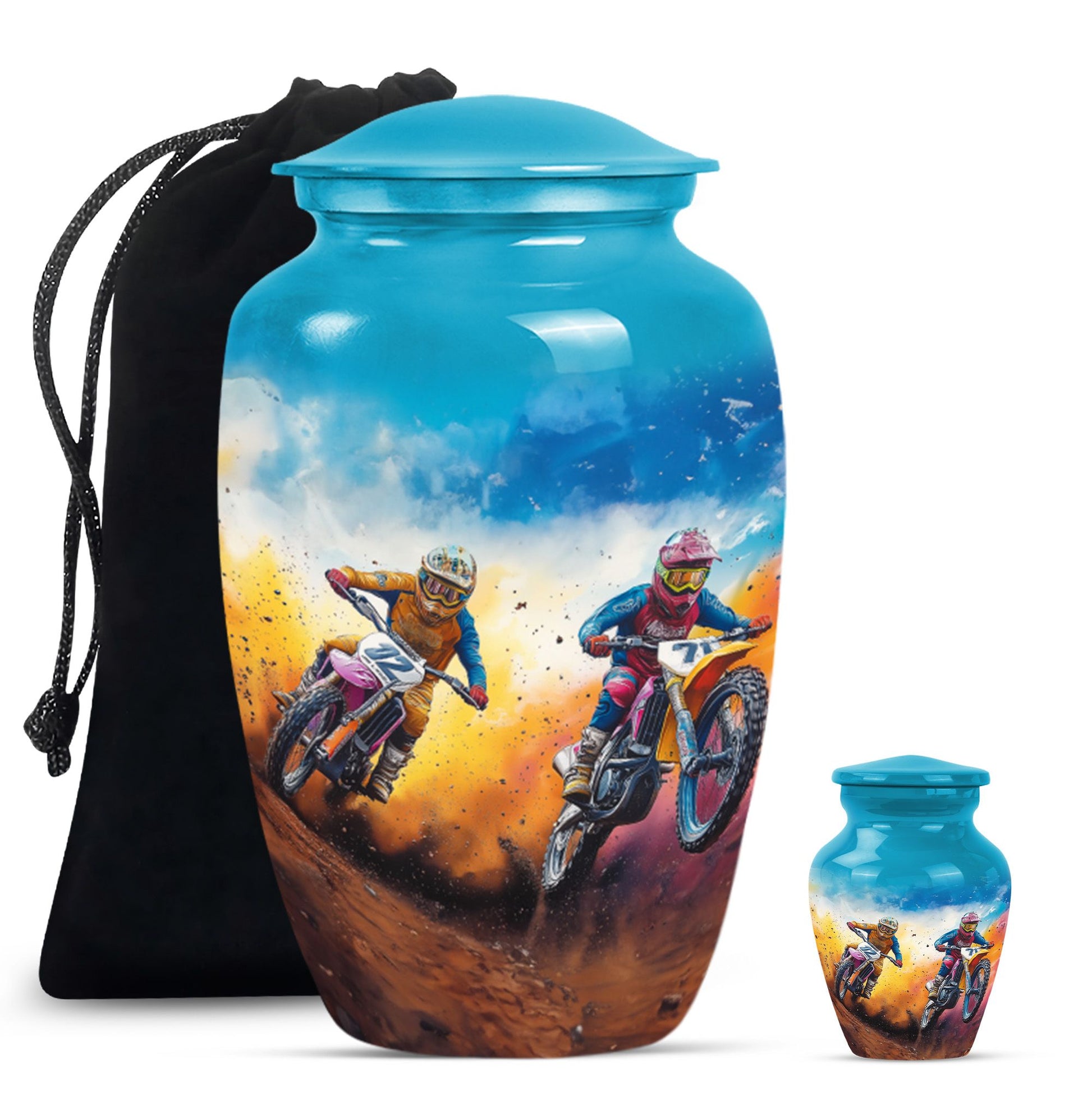 Motorbike Race Theme Large Urn With 1 Keepsake Urn
