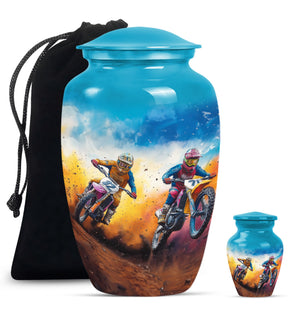 Motorbike Race Theme Large Urn With 1 Keepsake Urn