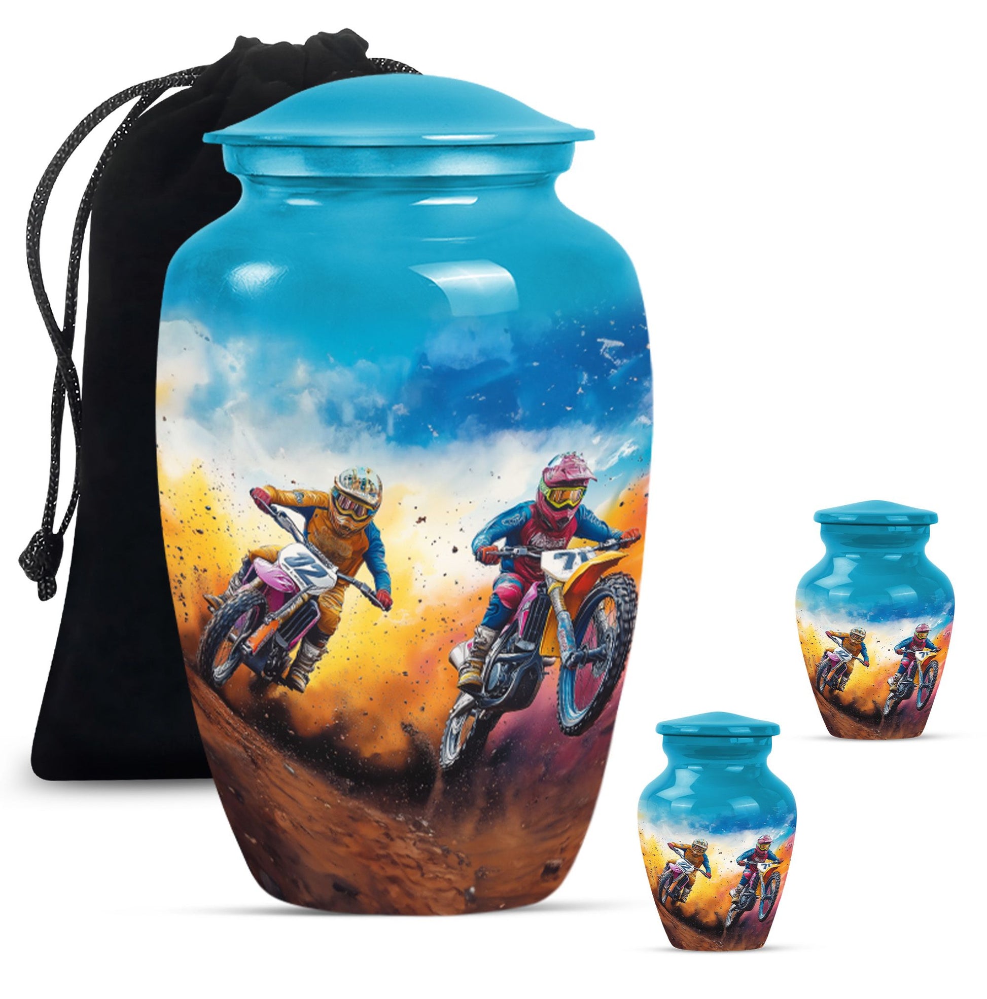 Motorbike Race Theme Large Urn With 2 Keepsake Urn