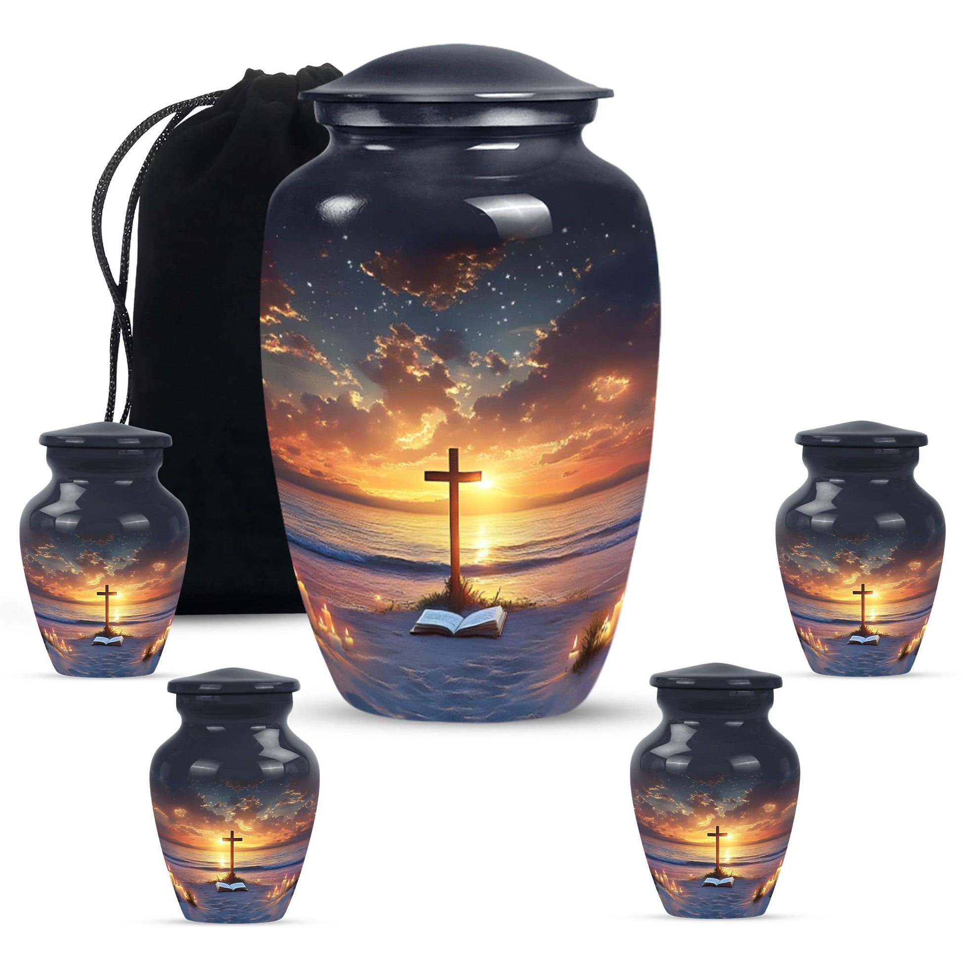 Cross Theme Large Urn With 4 Keepsake Urn