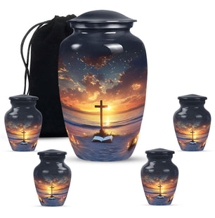 Cross Theme Large Urn With 4 Keepsake Urn