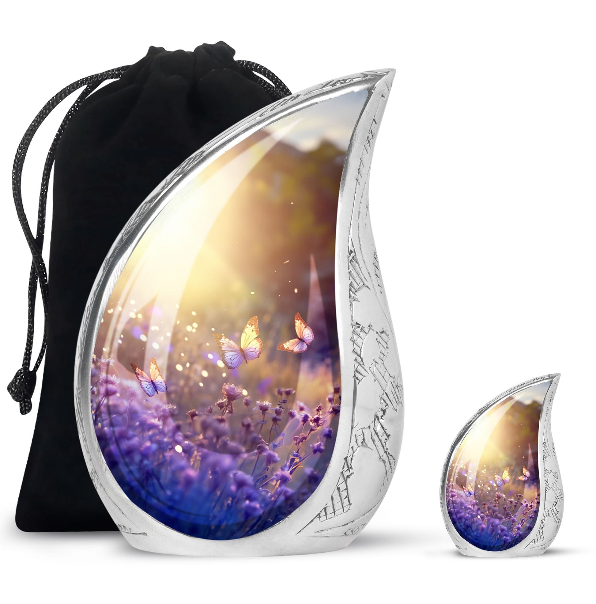 Butterflies Fly In A Sunset Meadow Teardrop Cremation Urn For Ashes