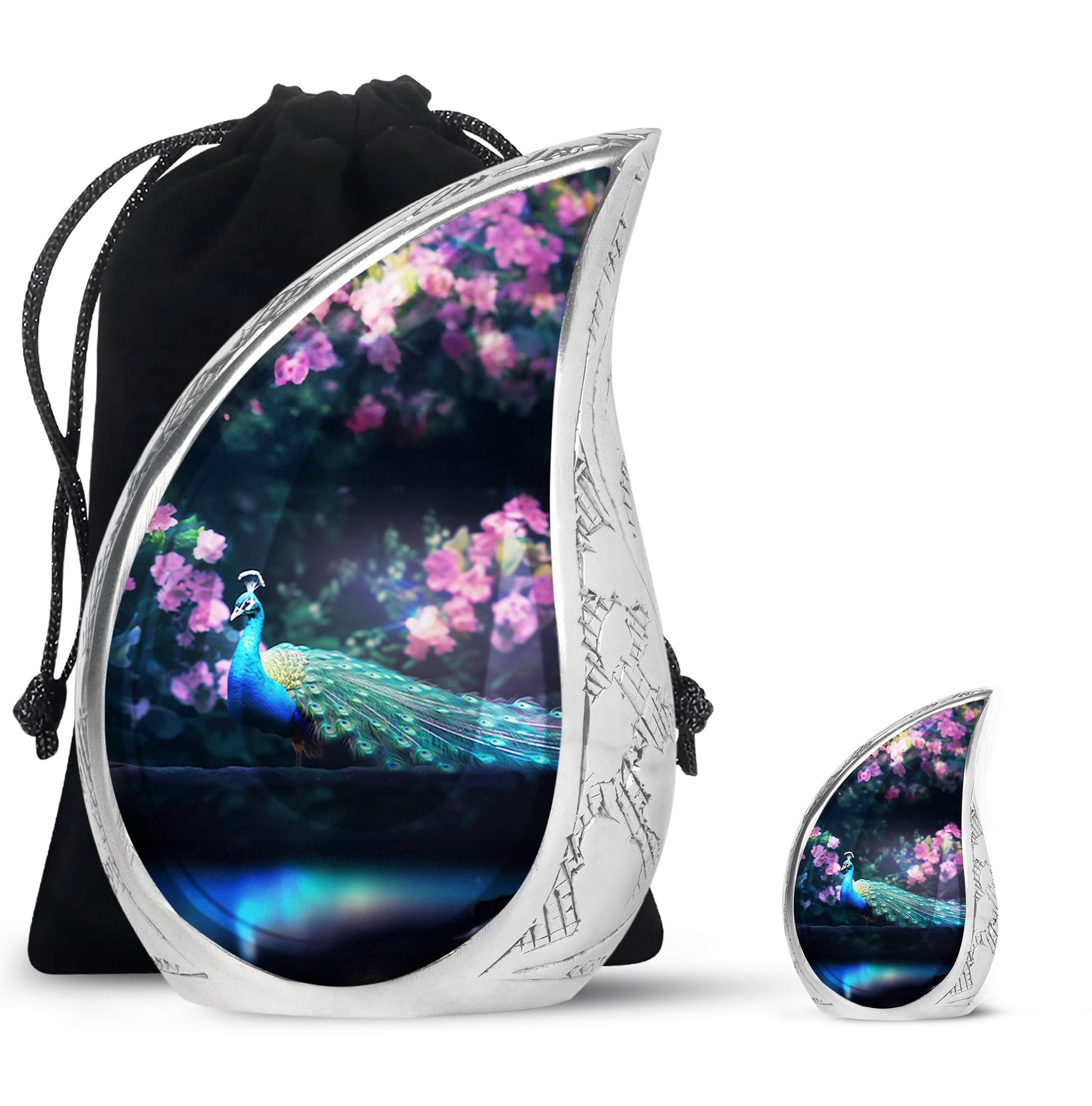 Teardrop Shape Peacock Urn Large Urn With 1 Keepsake Urn