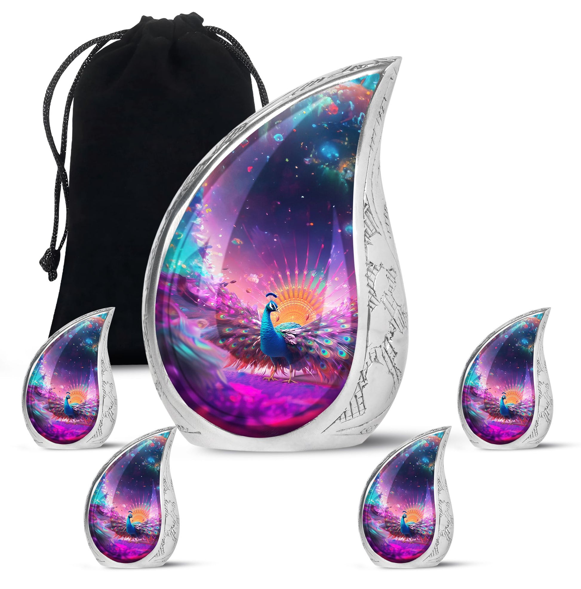 Teardrop Shape Peacock Urn Large Urn With 4 Keepsake Urn