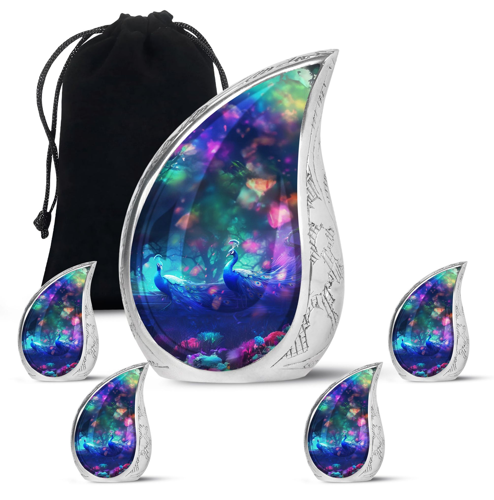 Teardrop Shape Peacock Urn Large Urn With 4 Keepsake Urn