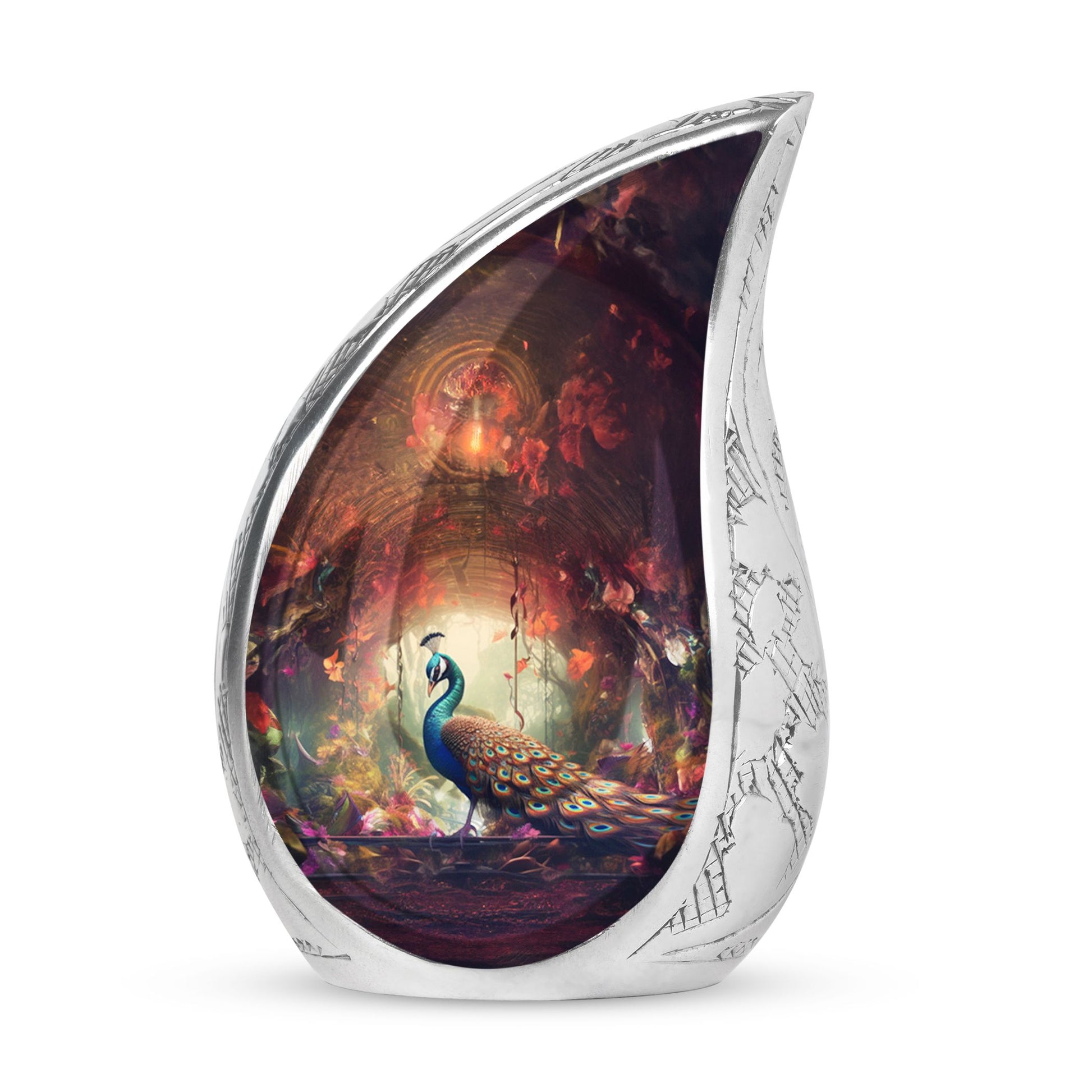 Peacock In A Red Forest - Peacock Urn Teardrop Cremation Urn