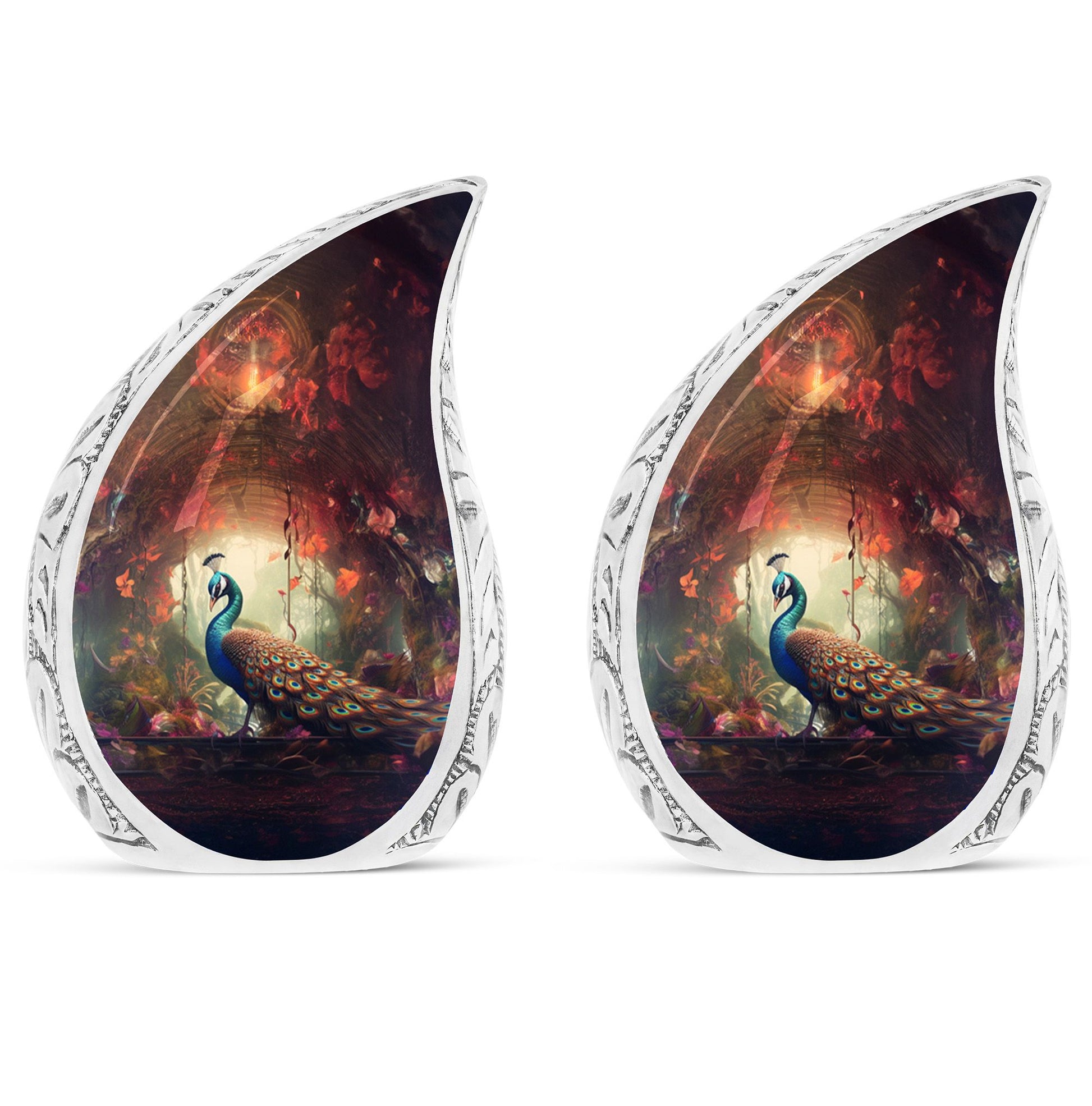 Peacock In A Red Forest - Peacock Urn Teardrop Cremation Urn