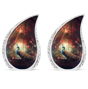 Peacock In A Red Forest - Peacock Urn Teardrop Cremation Urn