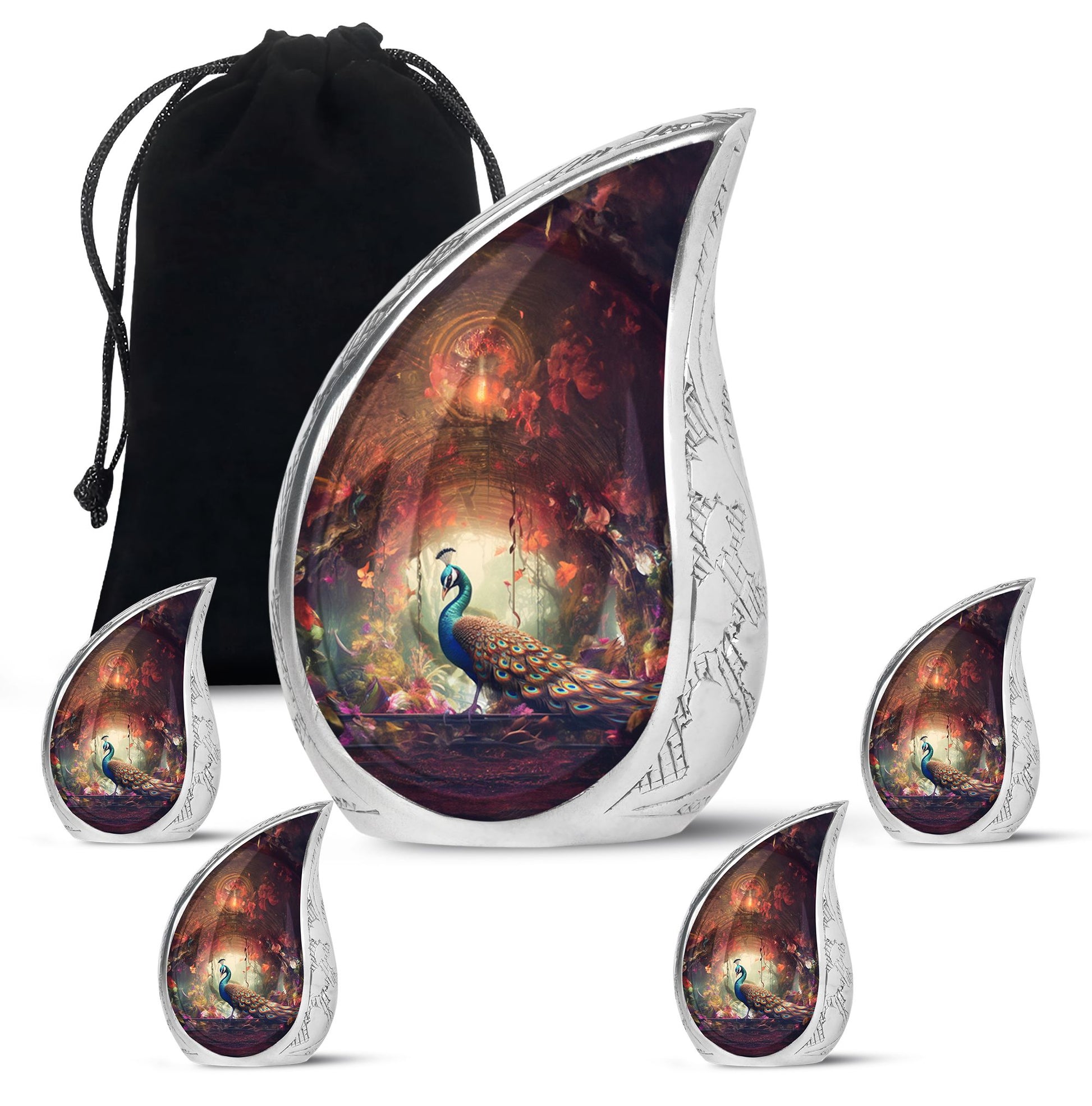 Peacock In A Red Forest - Peacock Urn Teardrop Cremation Urn