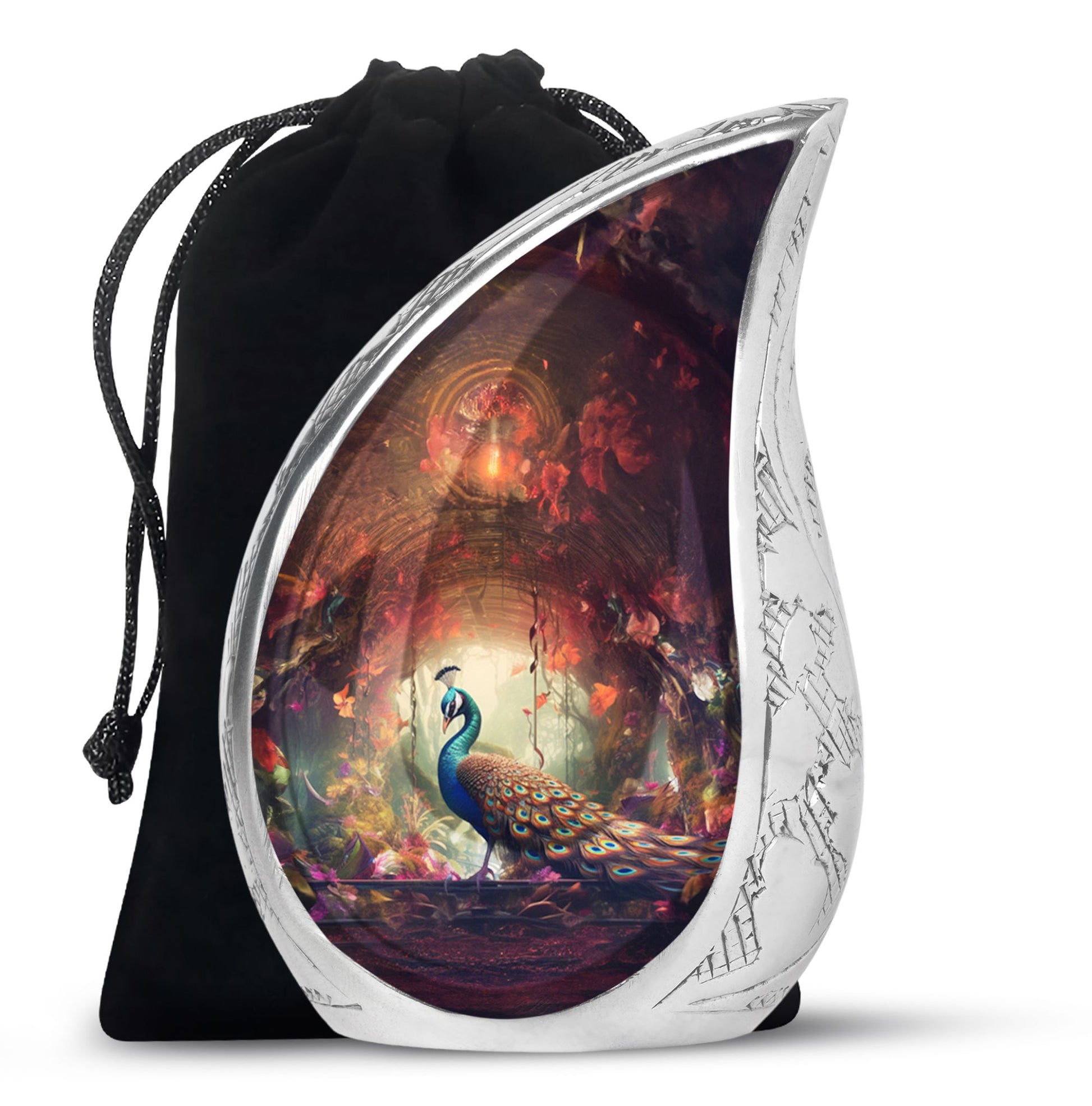 Peacock In A Red Forest - Peacock Urn Teardrop Cremation Urn