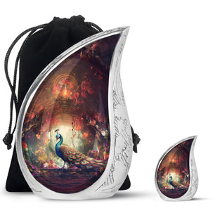 Peacock In A Red Forest - Peacock Urn Teardrop Cremation Urn