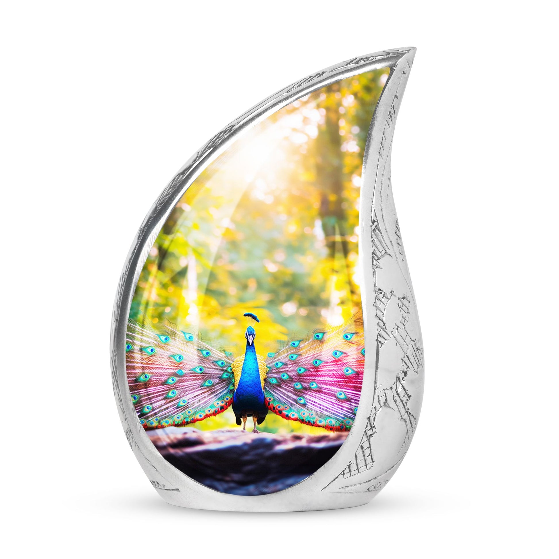 Peacock Feathers In Garden - Peacock Urn Teardrop Shaped Urn For Ashes