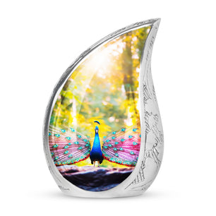 Peacock Feathers In Garden - Peacock Urn Teardrop Shaped Urn For Ashes