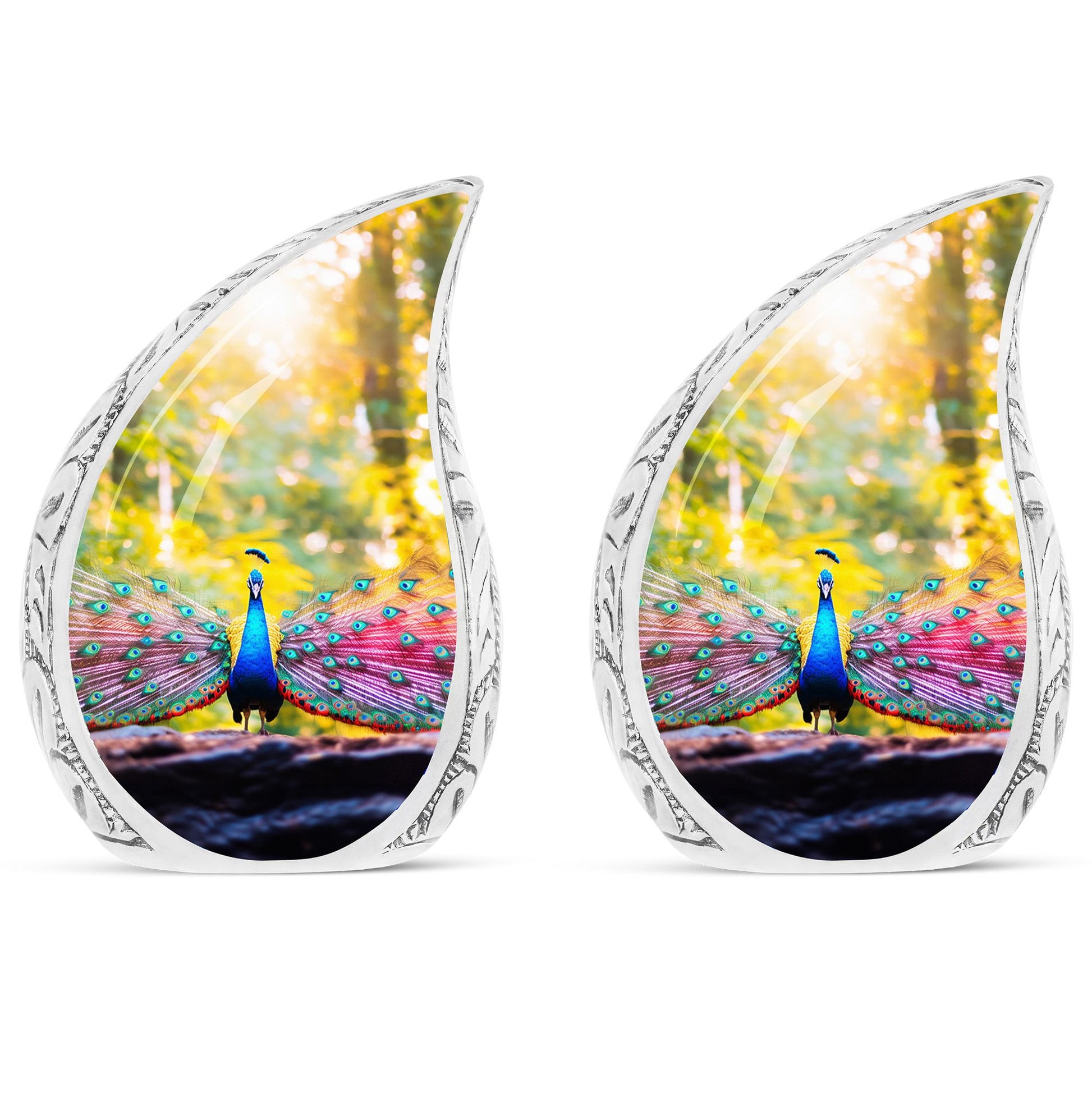 Peacock Feathers In Garden - Peacock Urn Teardrop Shaped Urn For Ashes