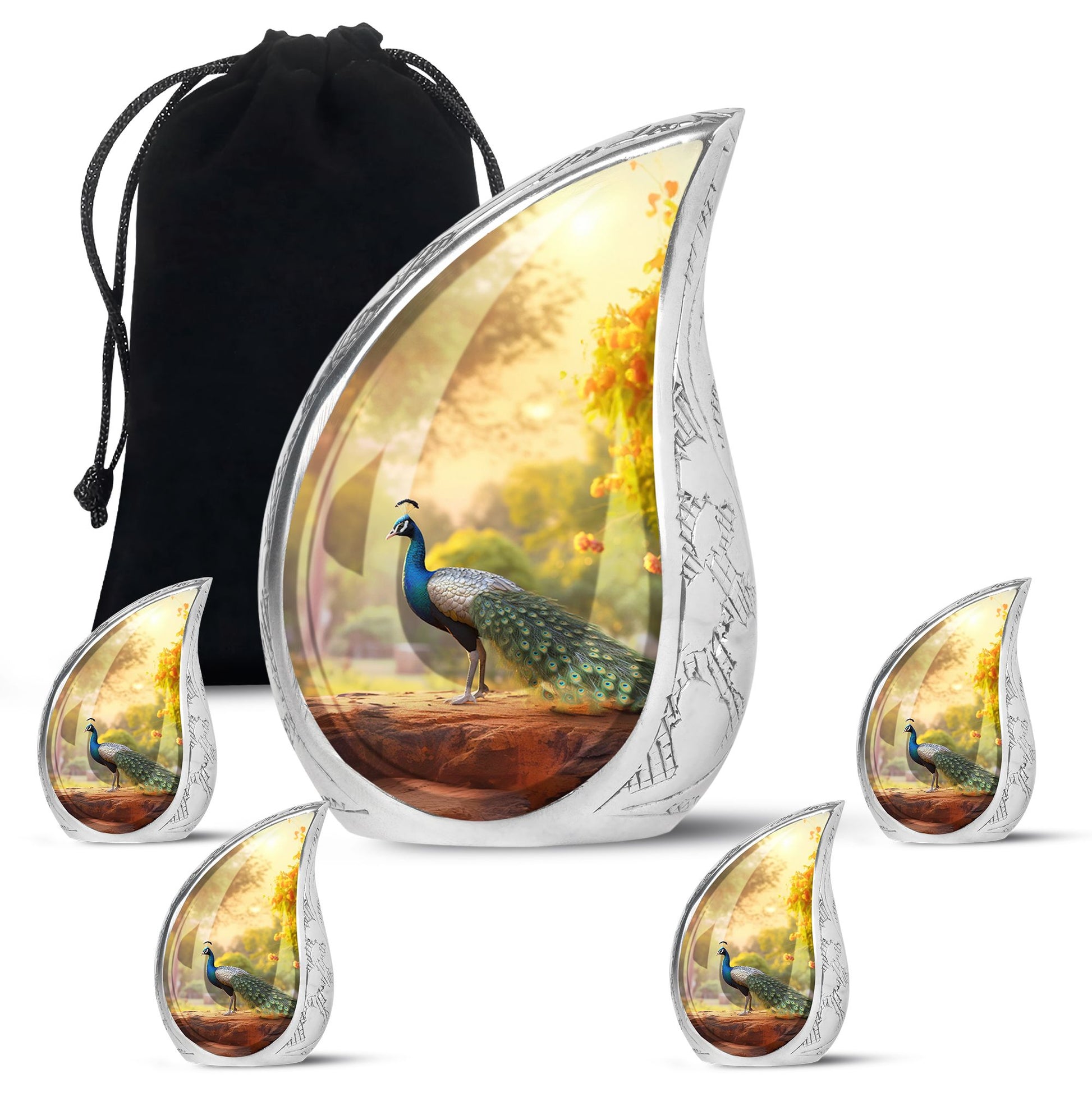 Teardrop Shape Peacock Urn Large Urn With 4 Keepsake Urn