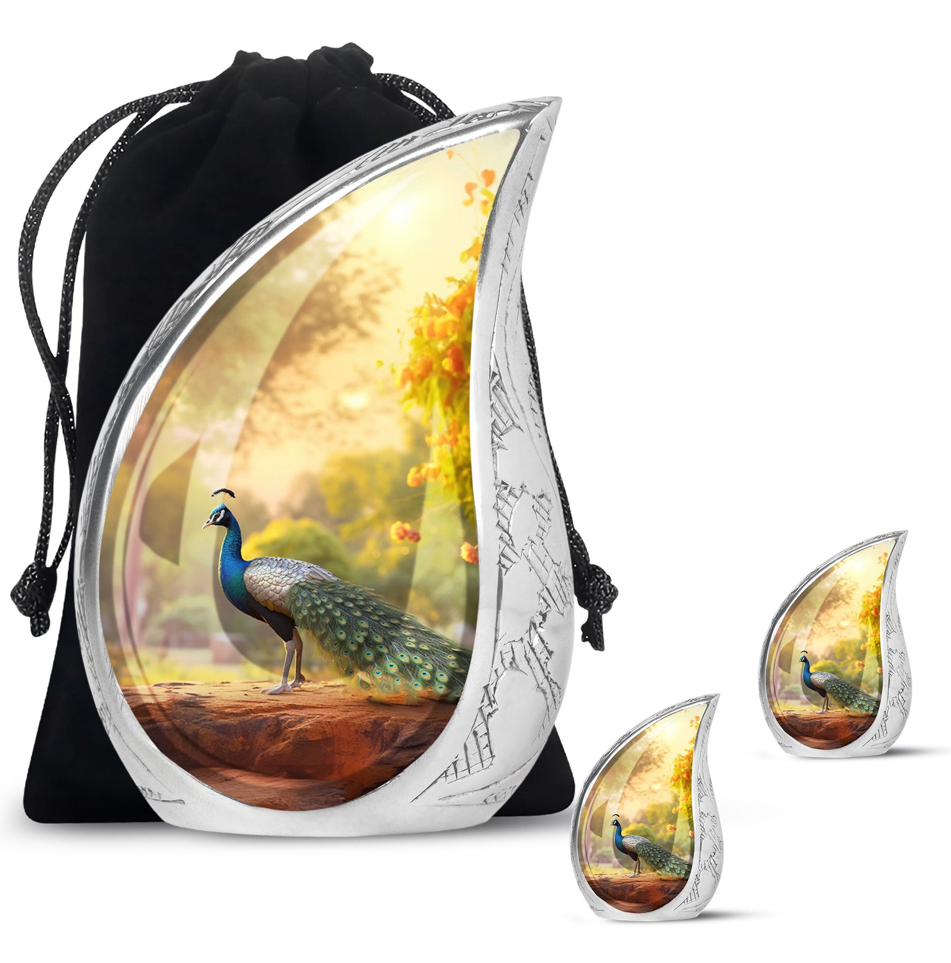Teardrop Shape Peacock Urn Large Urn With 2 Keepsake Urn