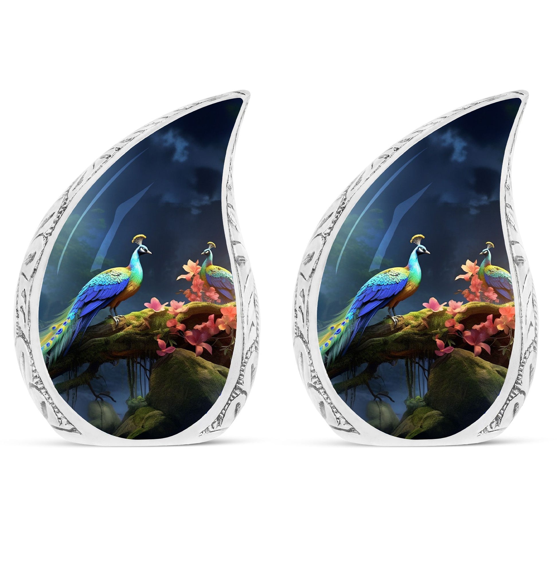 Peacock Due Face Off In Forest - Peacock Urn Teardrop Cremation Urn