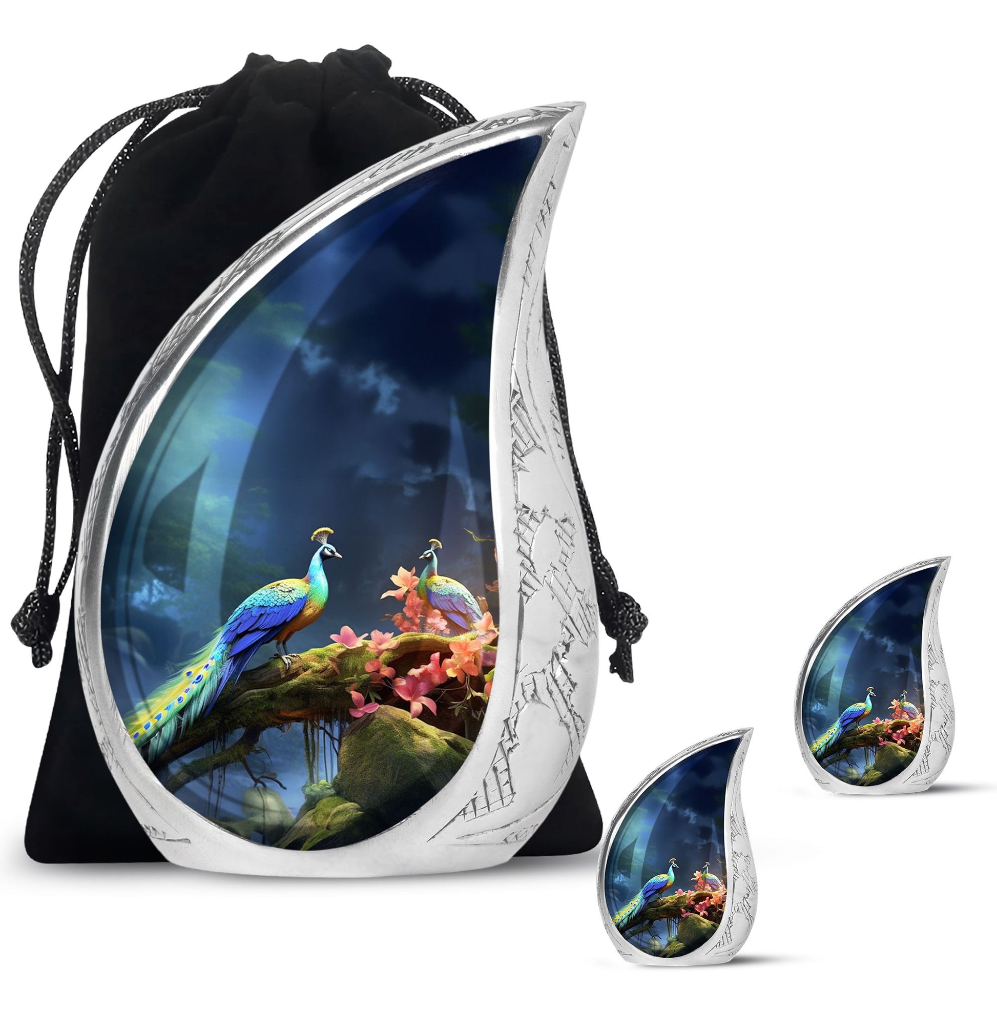 Peacock Due Face Off In Forest - Peacock Urn Teardrop Cremation Urn