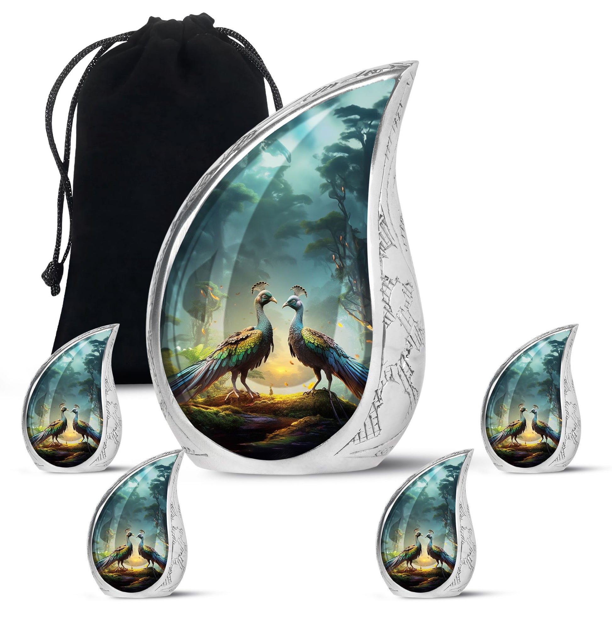 Teardrop Shape Peacock Urn Large Urn With 4 Keepsake Urn